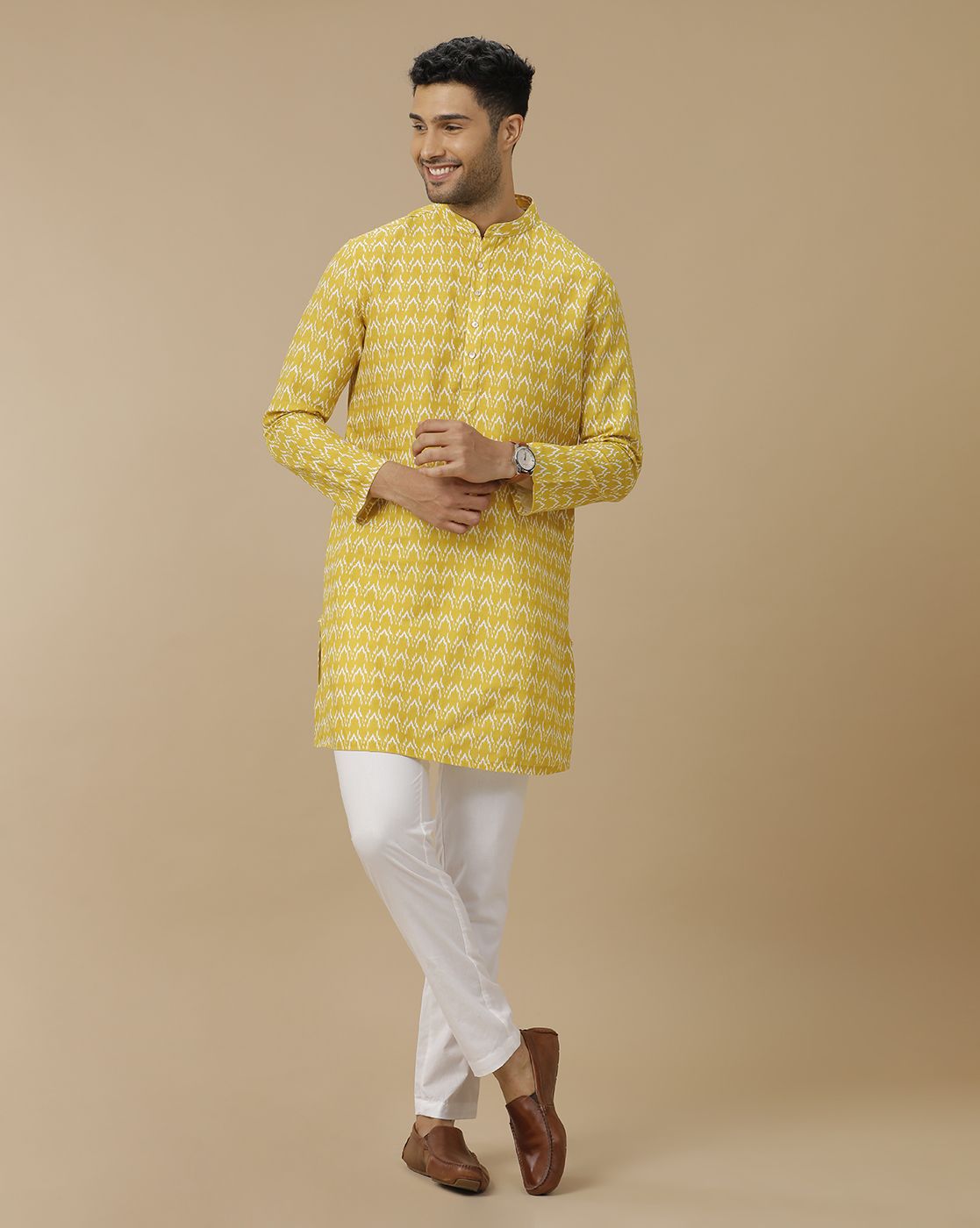 Mens Linen Yellow Printed Regular Fit Kurta