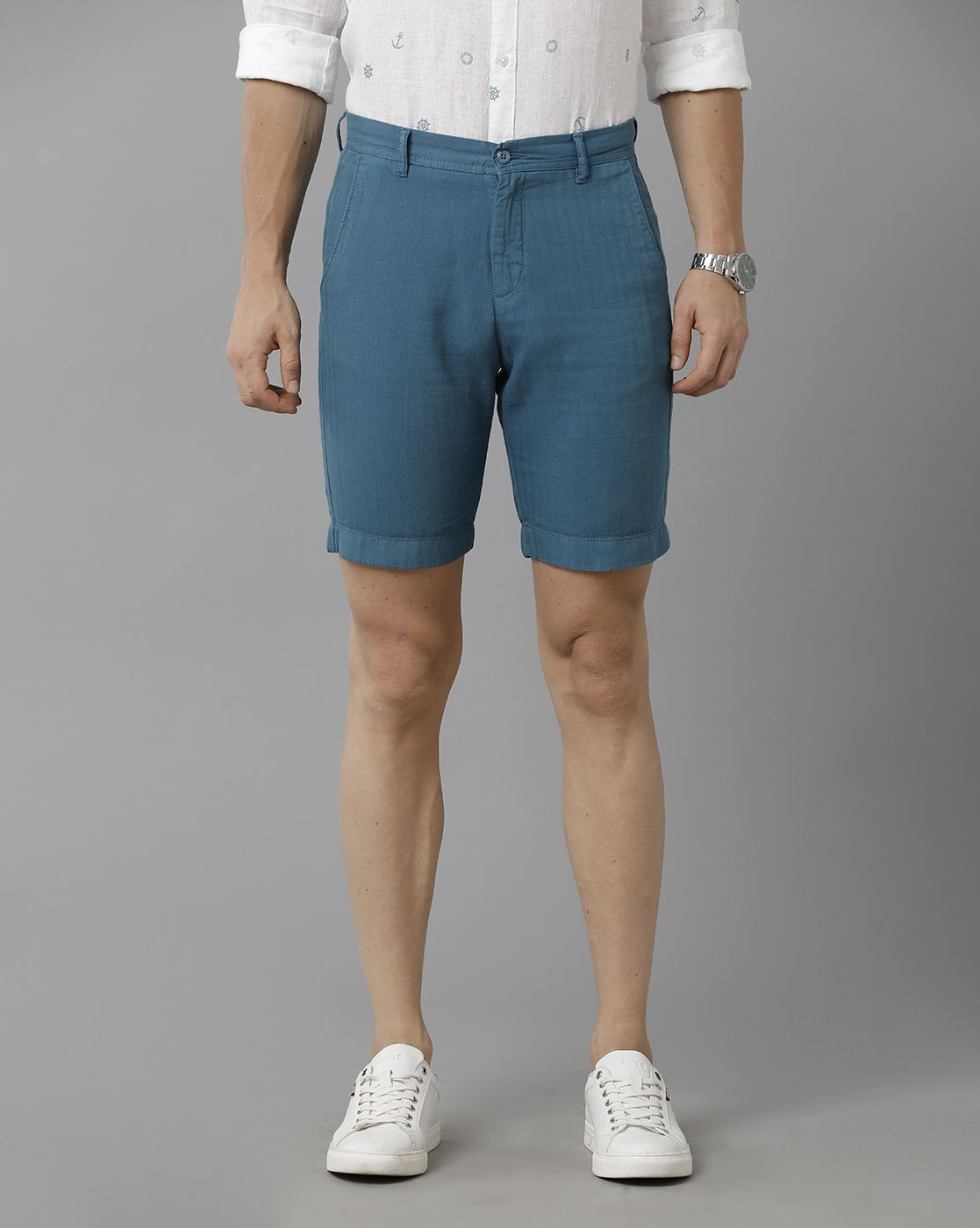 Linen Club Studio Men's Linen Blue Solid Slim Fit Shorts