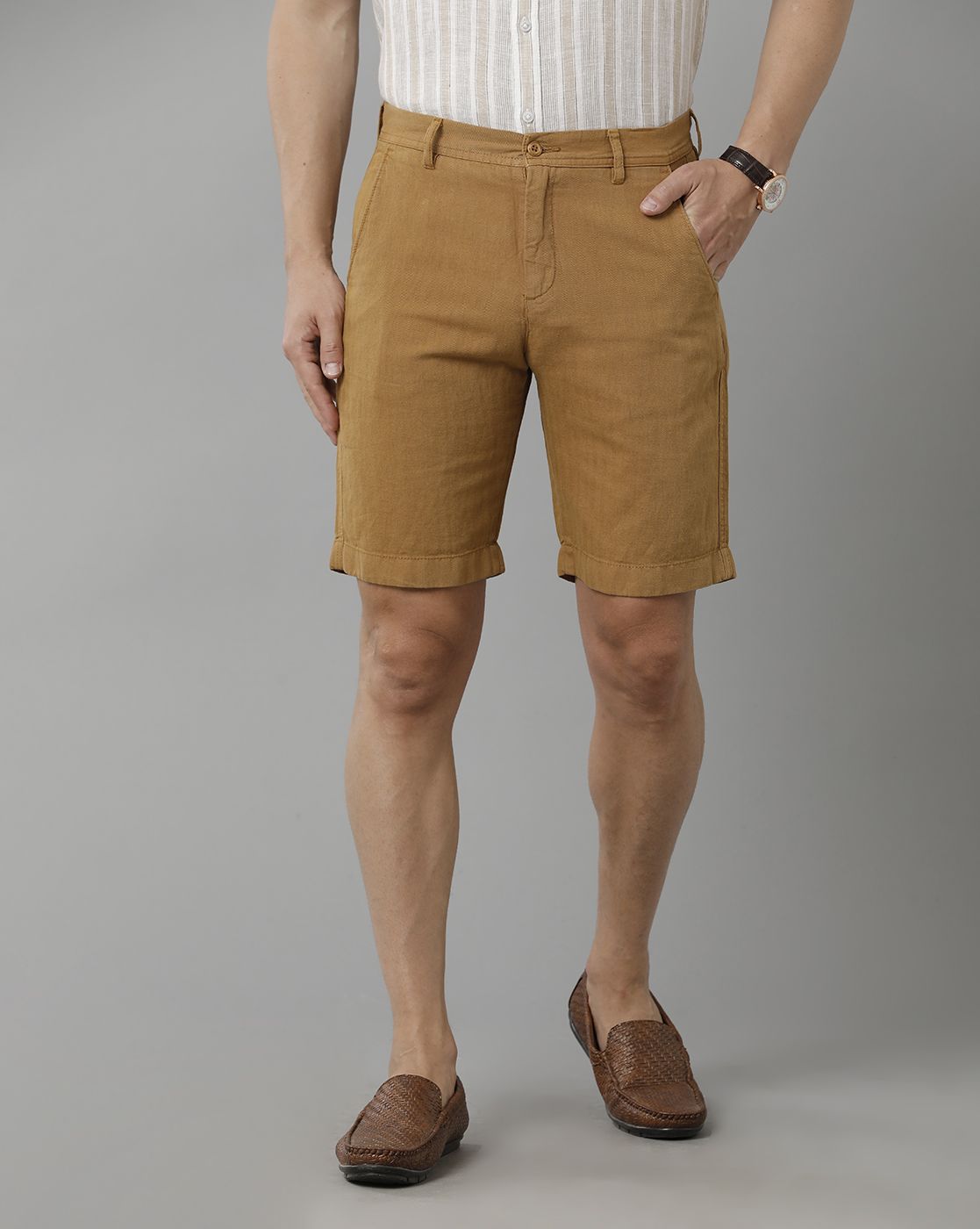 Linen Club Studio Men's Linen Brown Solid Slim Fit Shorts