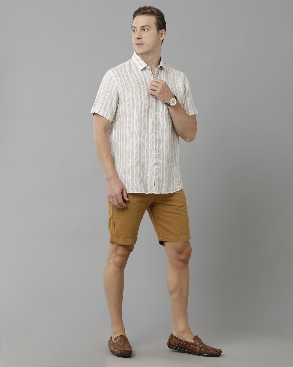 Linen Club Studio Men's Linen Brown Solid Slim Fit Shorts