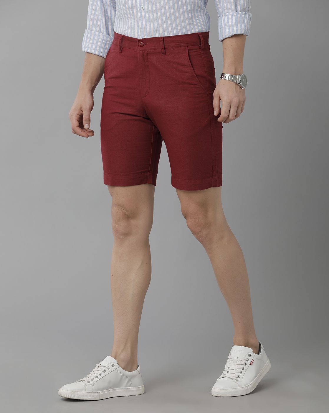 Linen Club Studio Men's Linen Red Solid Slim Fit Shorts