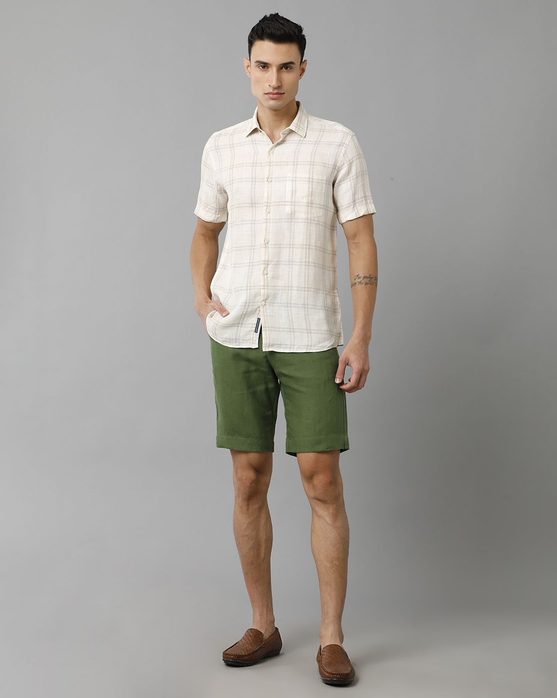 Linen Club Studio Men s Linen Green Solid Slim Fit Shorts