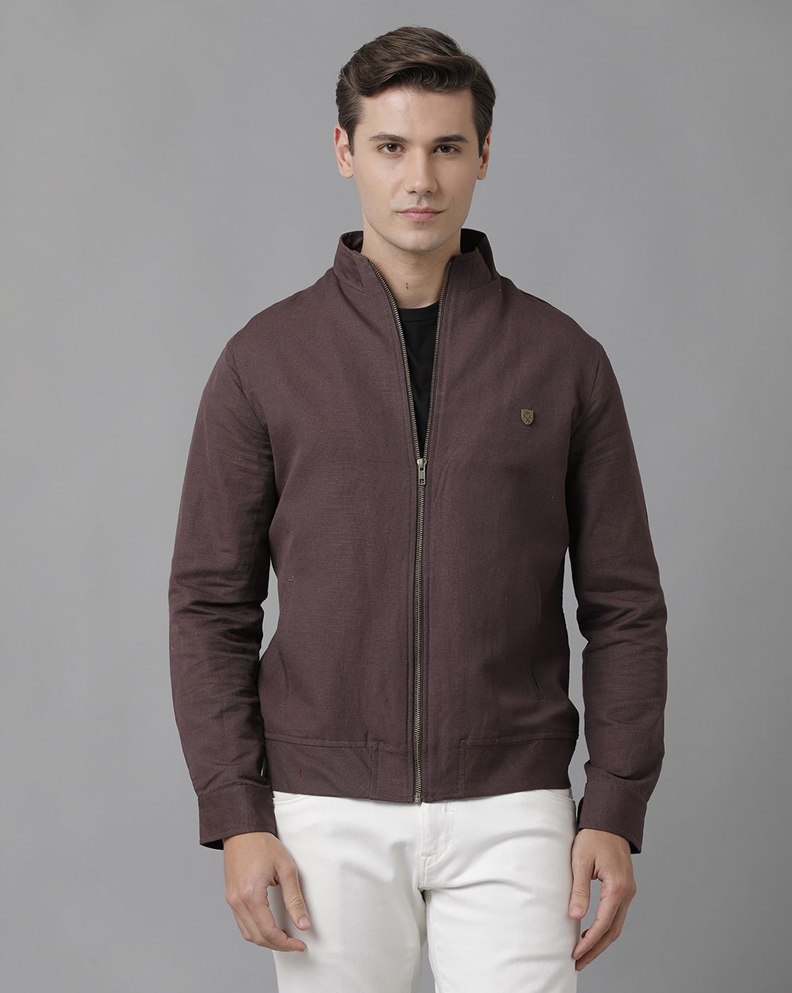 Linen Club Studio Men's Linen Brown Solid Sporty Biker Jacket