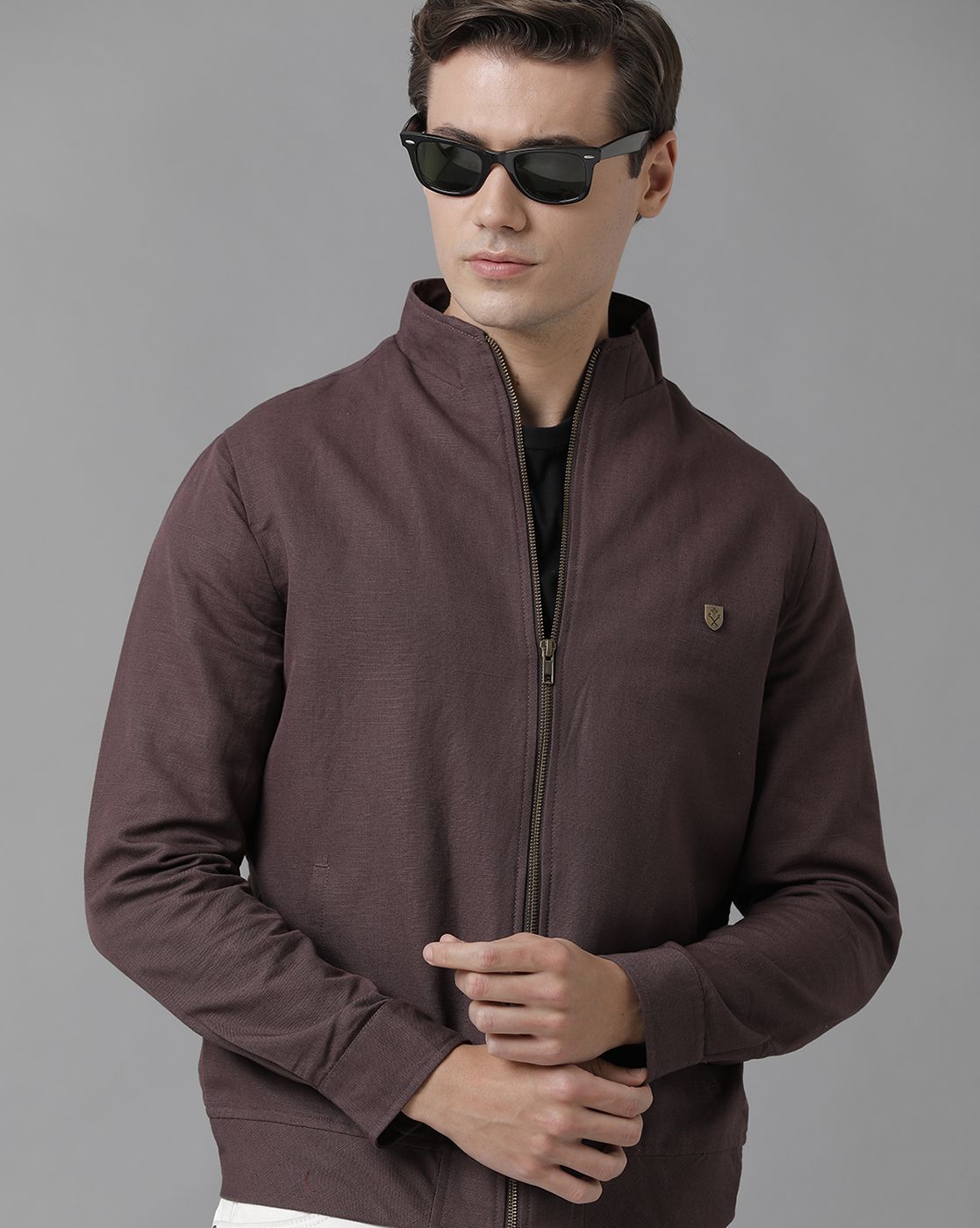 Linen Club Studio Men's Linen Brown Solid Sporty Biker Jacket