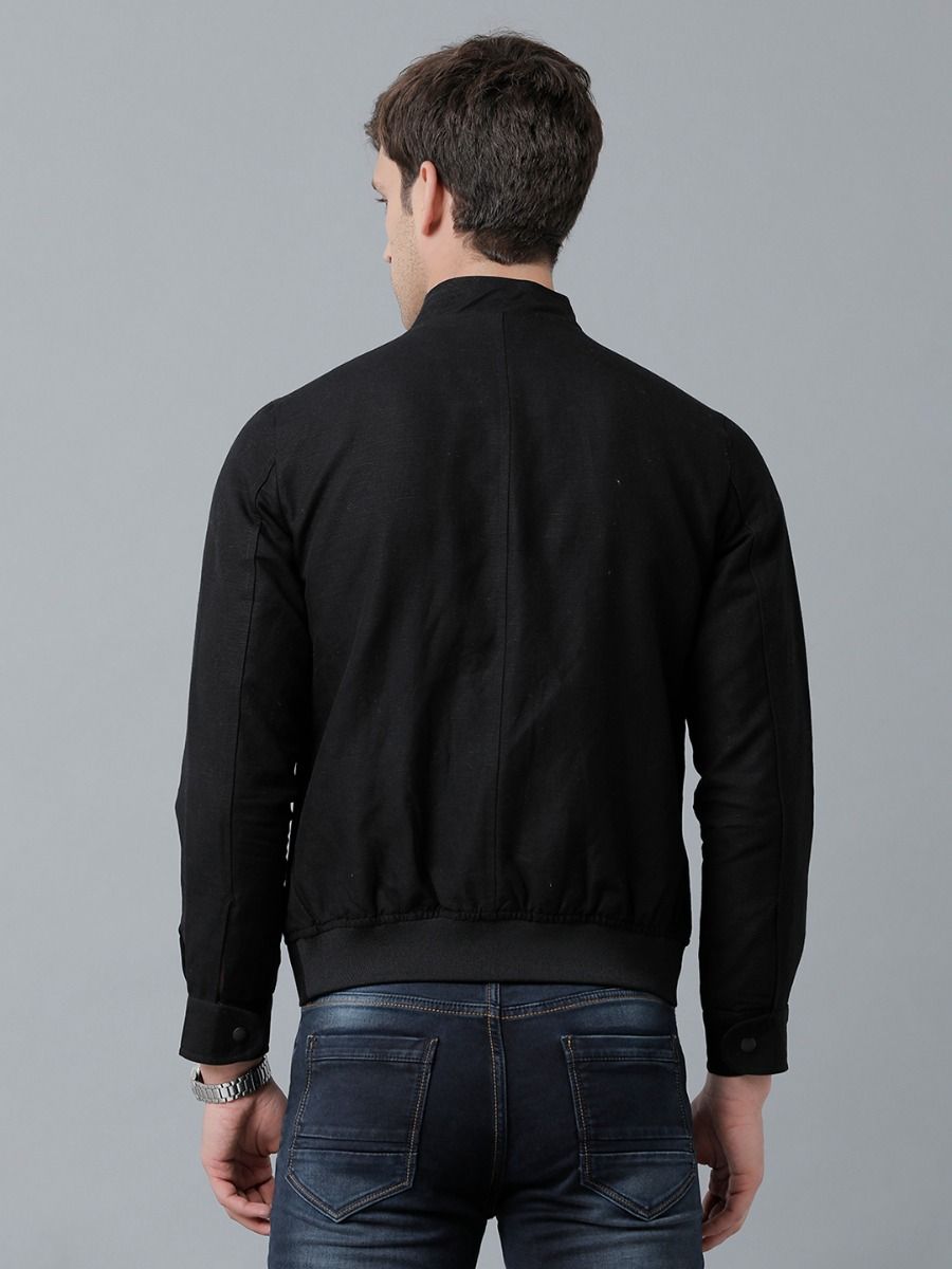 Linen Club Studio Men's Linen Black Solid Sporty Biker Jacket