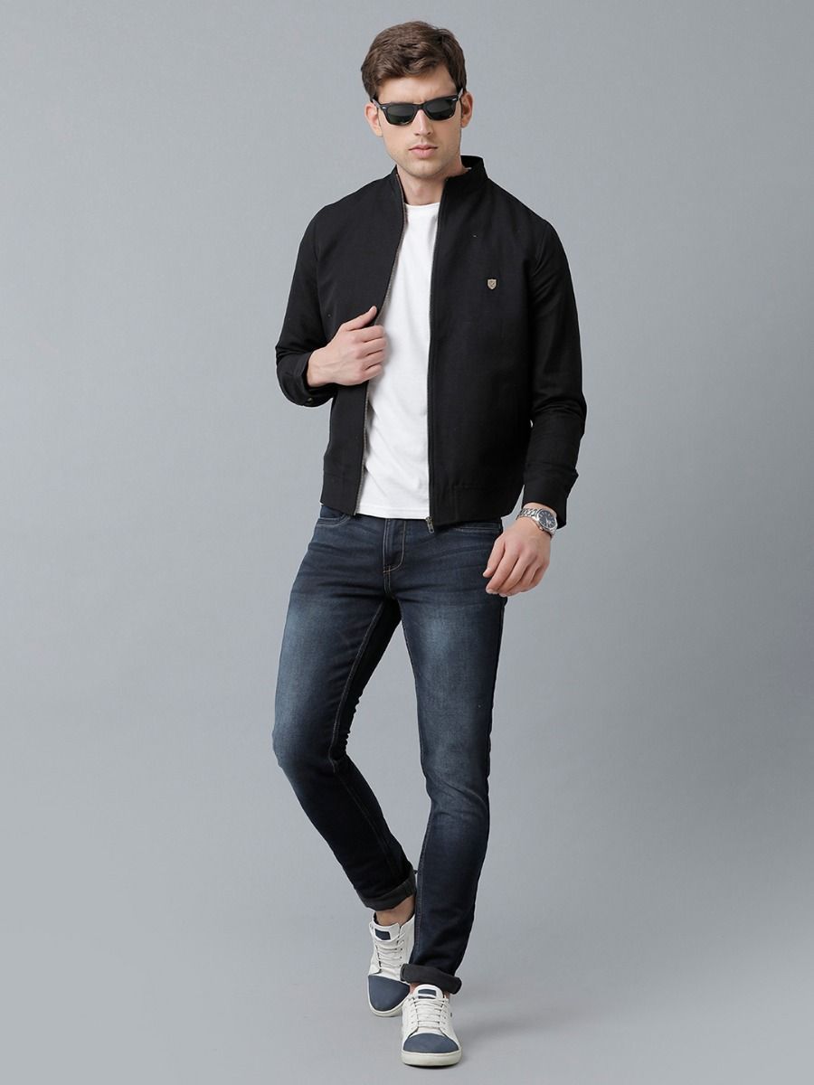 Linen Club Studio Men's Linen Black Solid Sporty Biker Jacket