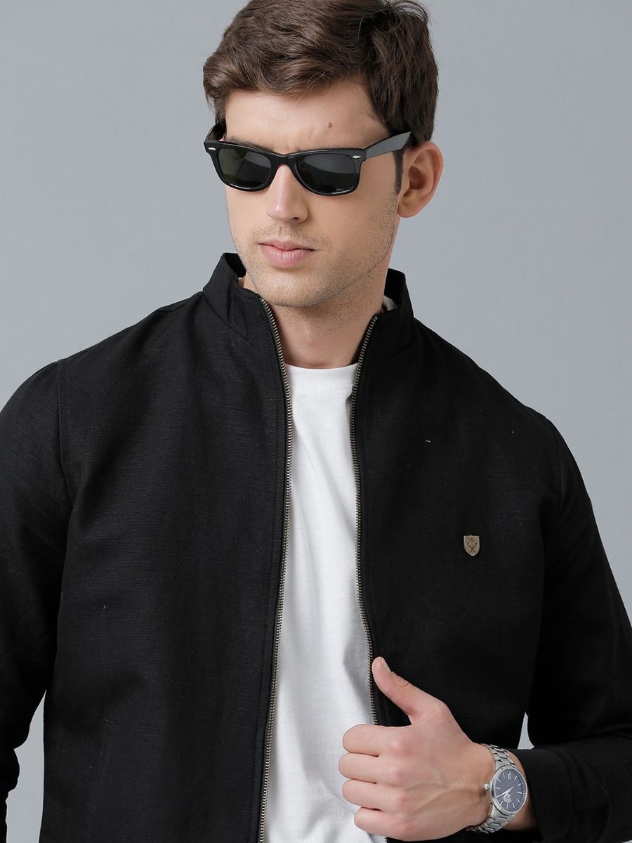 Linen Club Studio Men's Linen Black Solid Sporty Biker Jacket