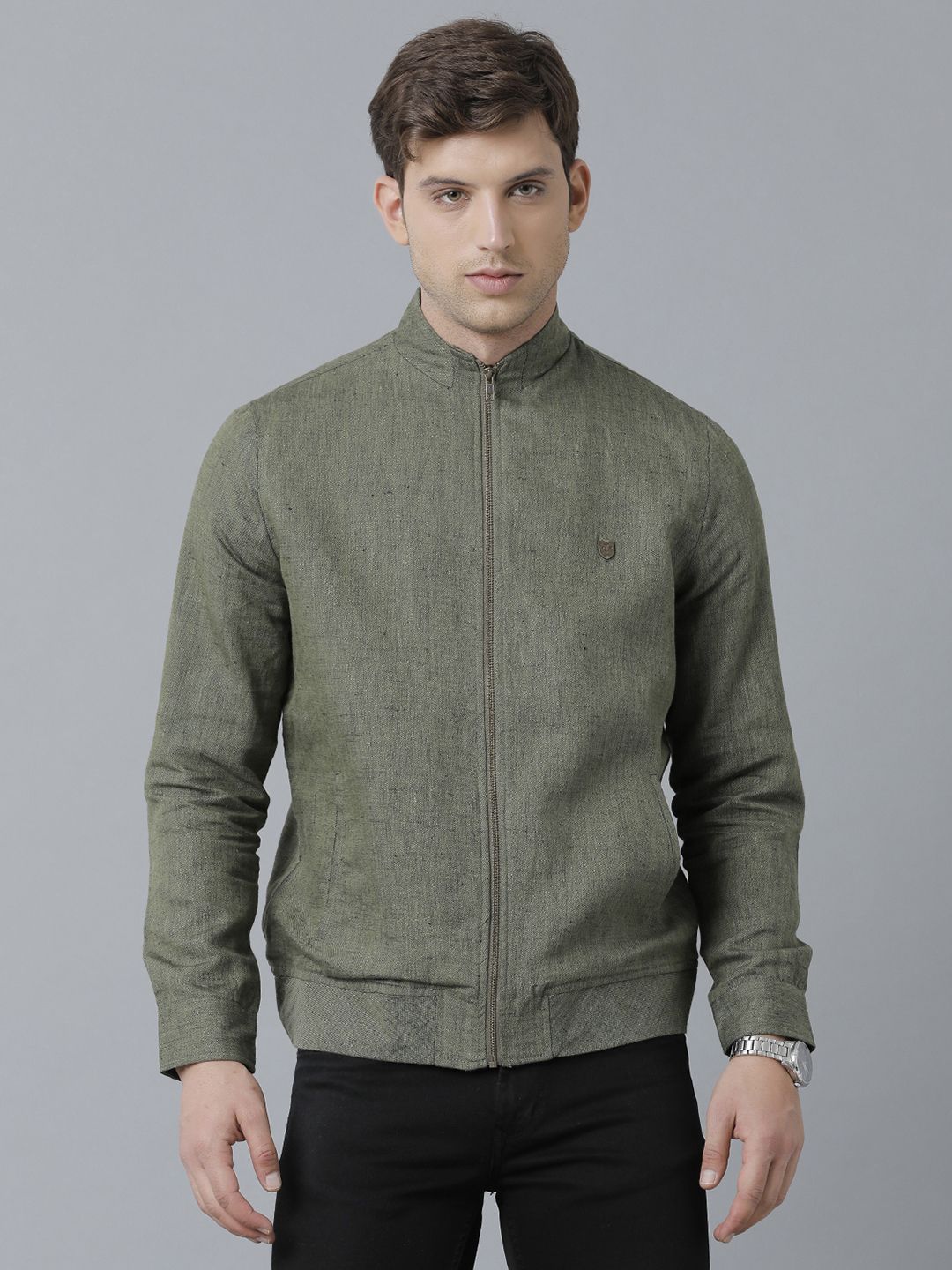 Linen Club Studio Men's Linen Green Solid Sporty Biker Jacket