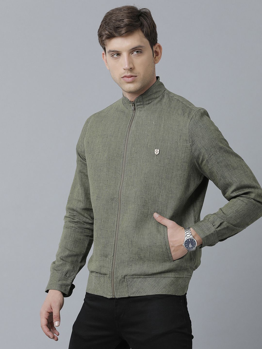 Linen Club Studio Men's Linen Green Solid Sporty Biker Jacket