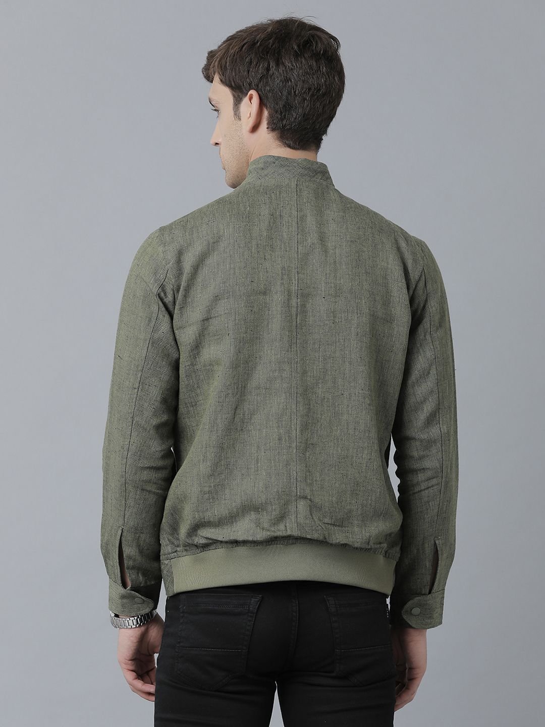 Linen Club Studio Men's Linen Green Solid Sporty Biker Jacket