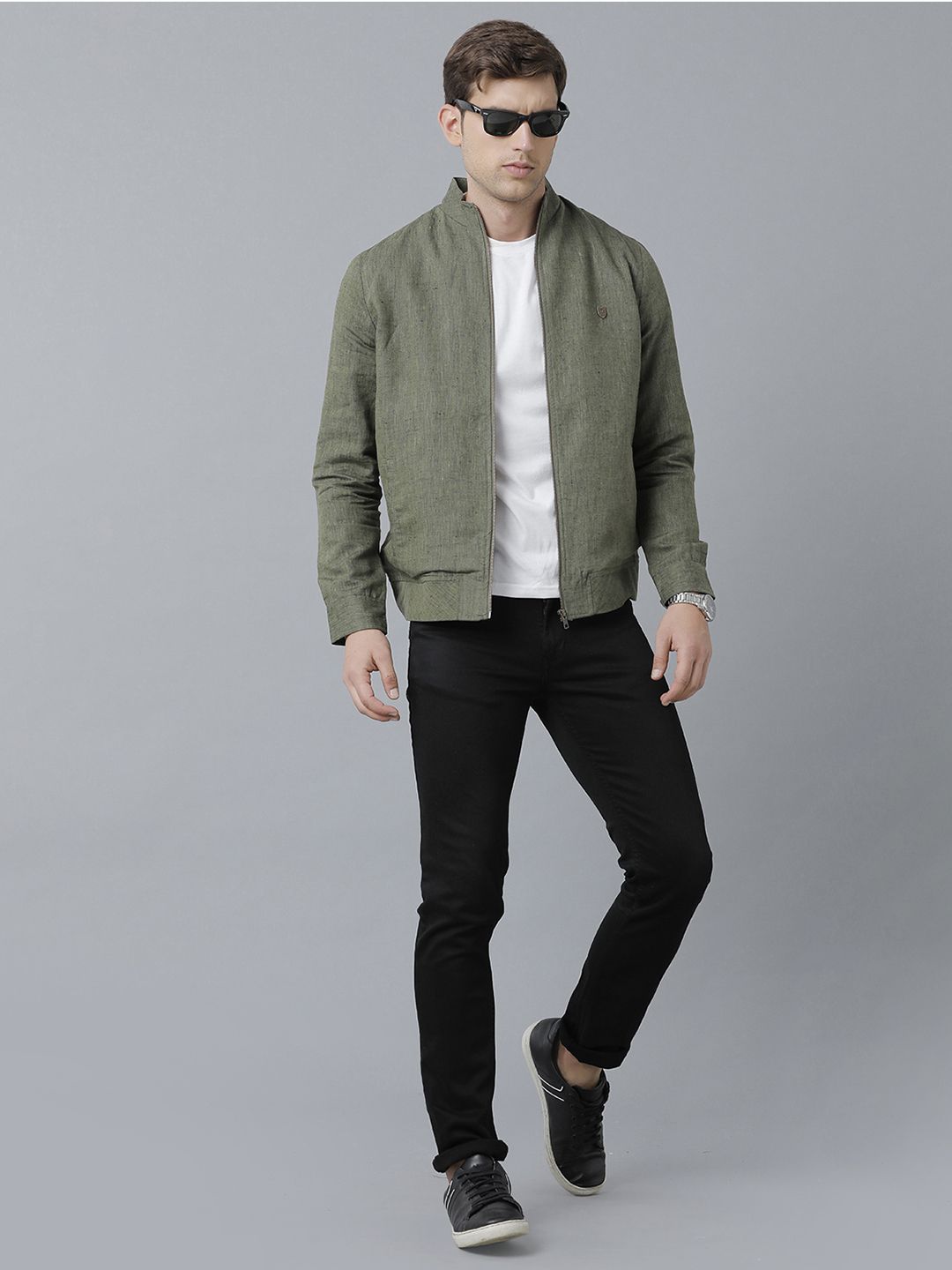 Linen Club Studio Men's Linen Green Solid Sporty Biker Jacket