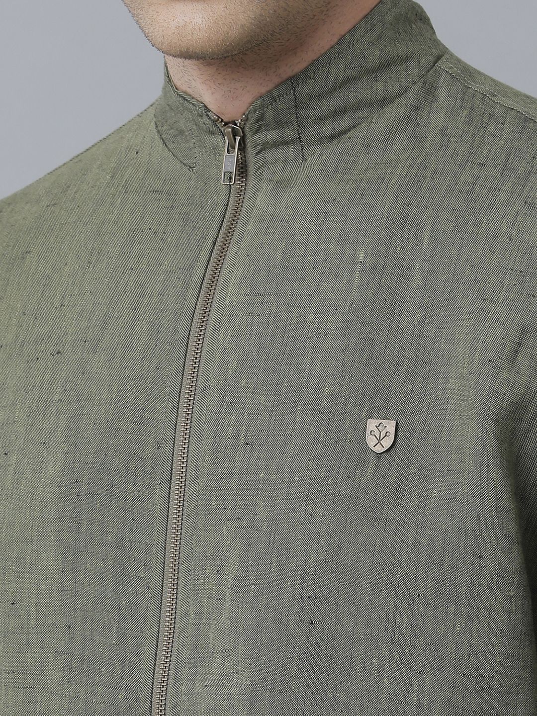 Linen Club Studio Men's Linen Green Solid Sporty Biker Jacket