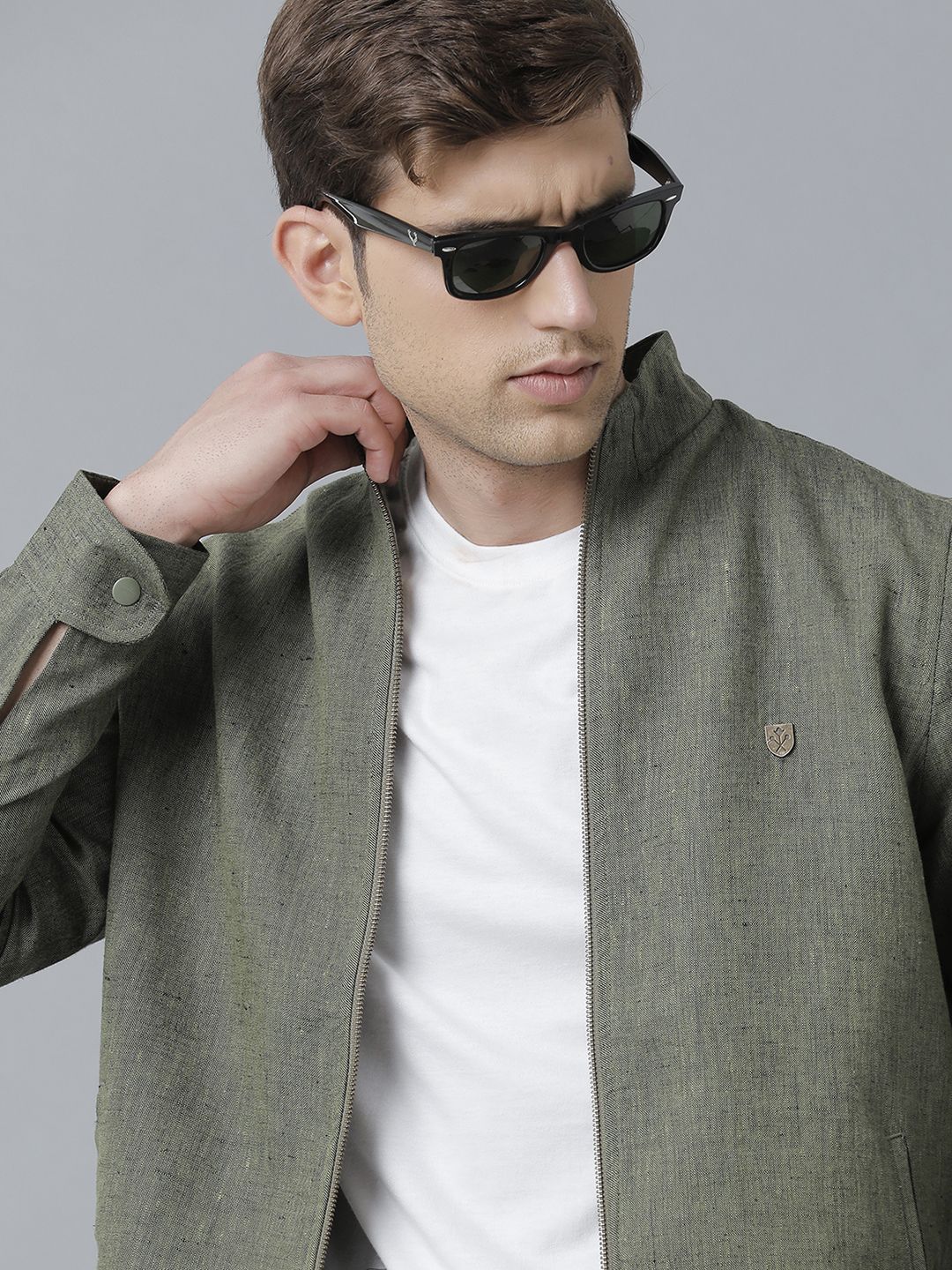 Linen Club Studio Men's Linen Green Solid Sporty Biker Jacket