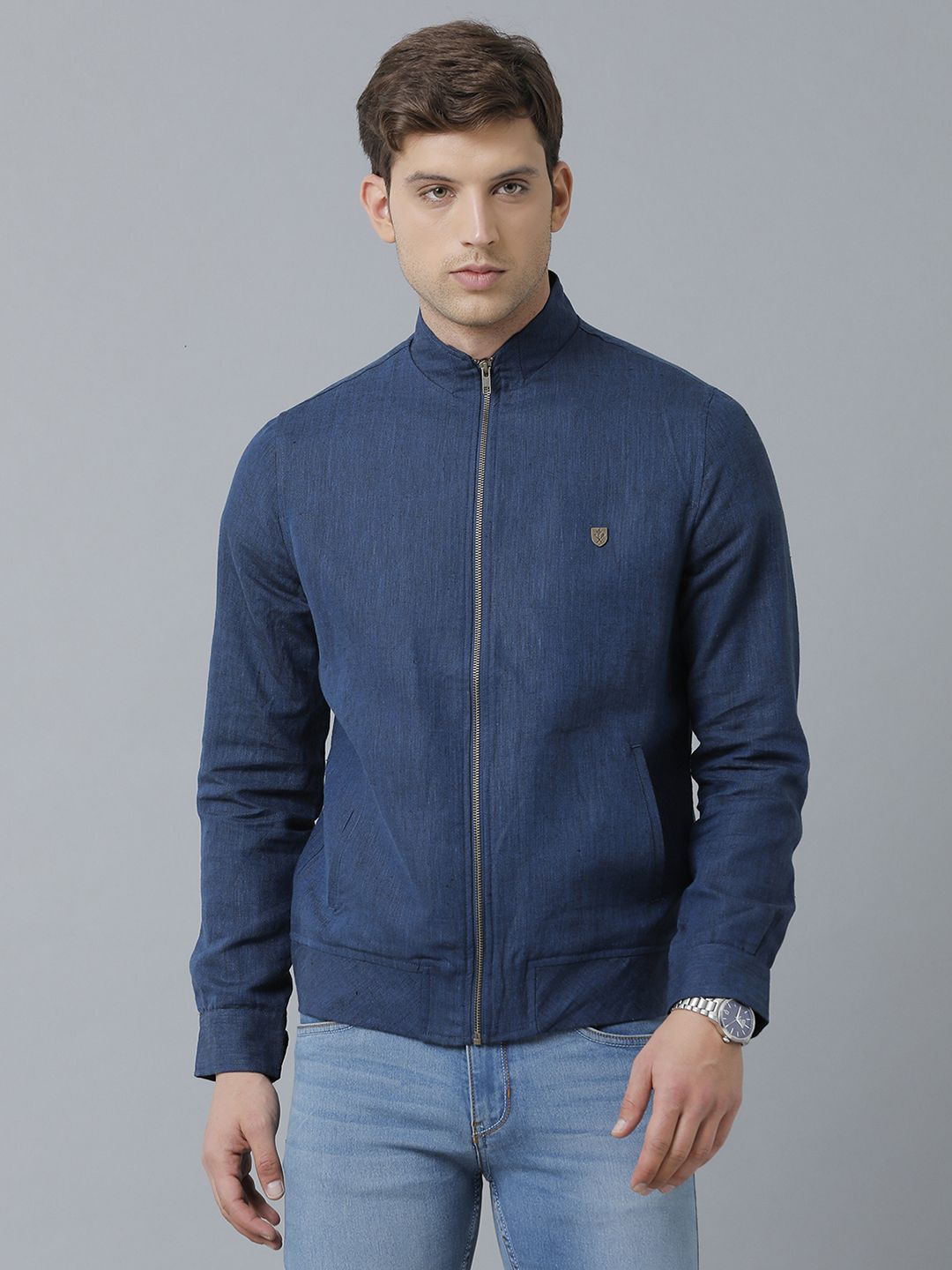 Linen Club Studio Men's Linen Blue Solid Sporty Biker Jacket