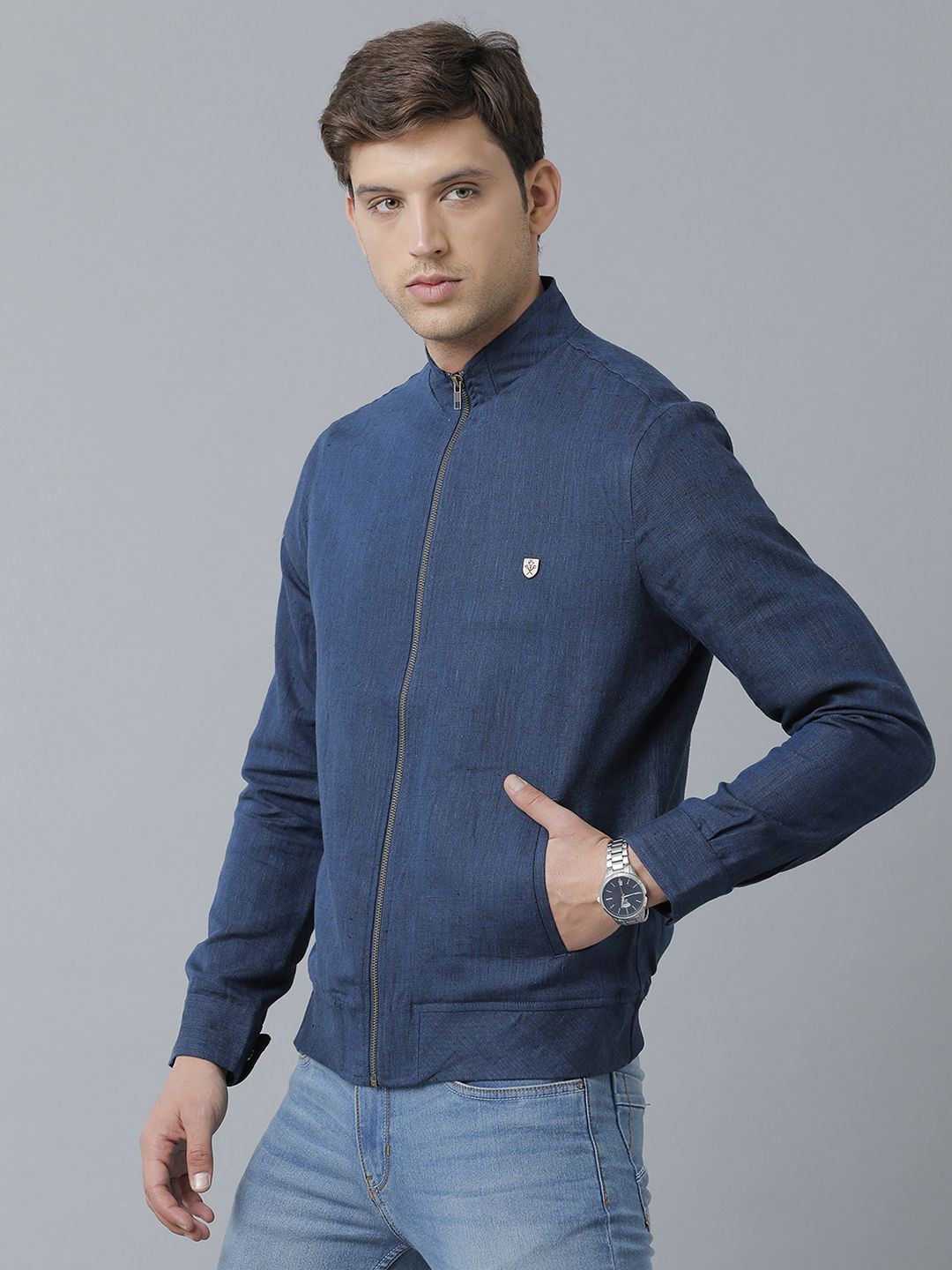 Linen Club Studio Men's Linen Blue Solid Sporty Biker Jacket