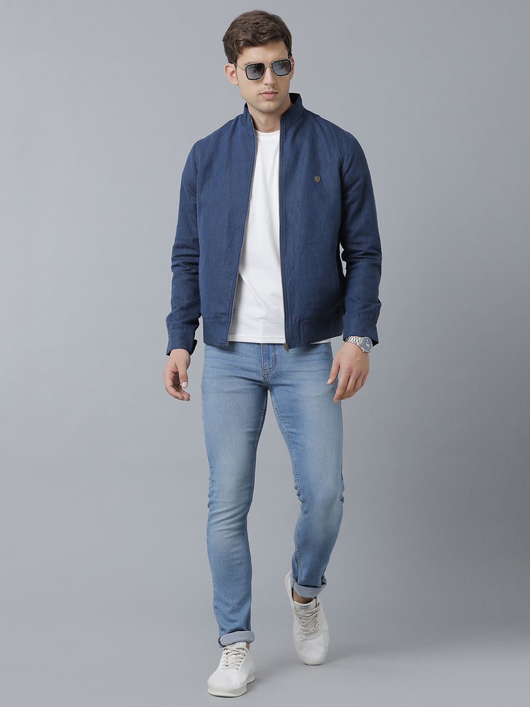 Linen Club Studio Men's Linen Blue Solid Sporty Biker Jacket