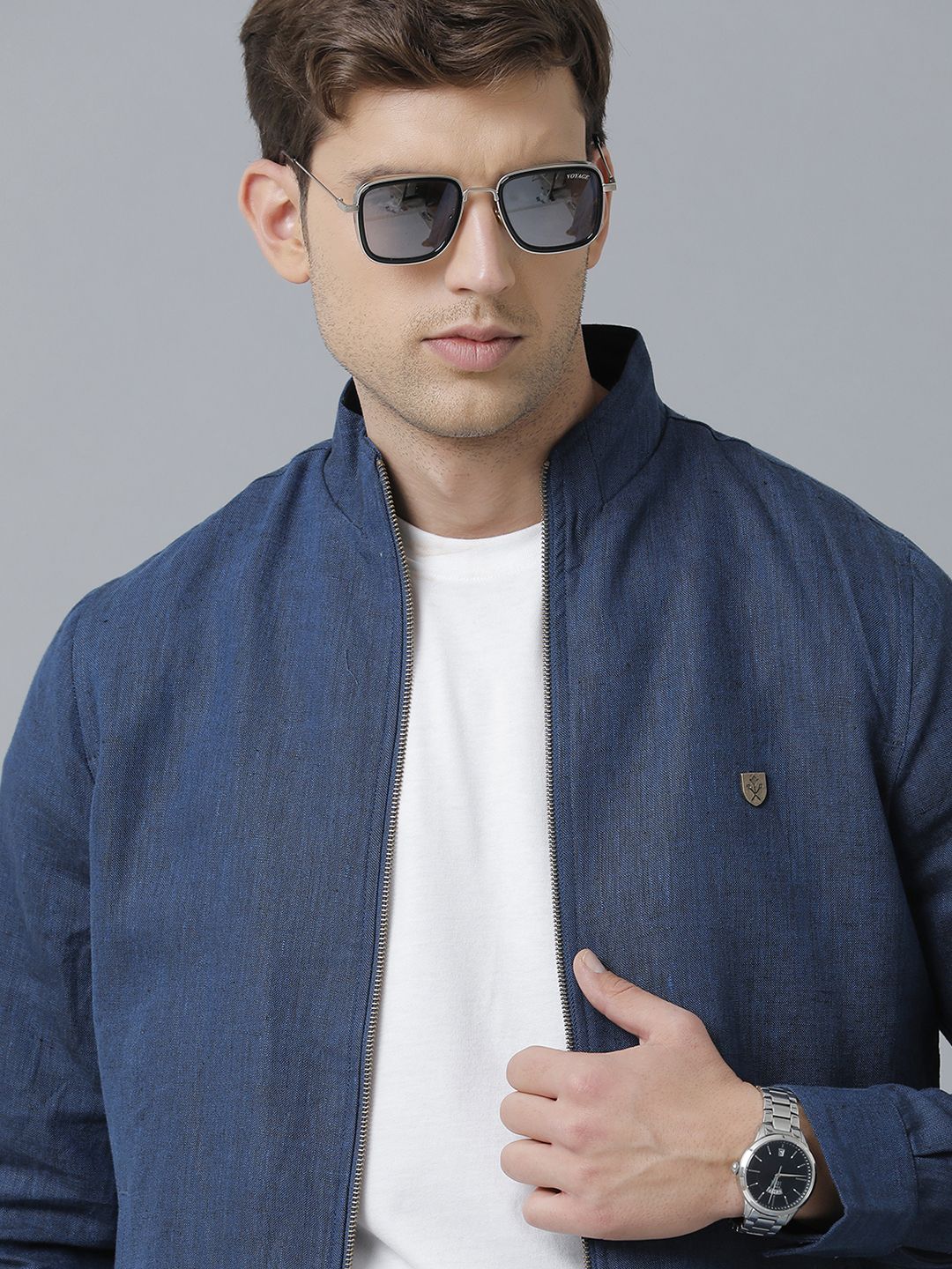 Linen Club Studio Men's Linen Blue Solid Sporty Biker Jacket