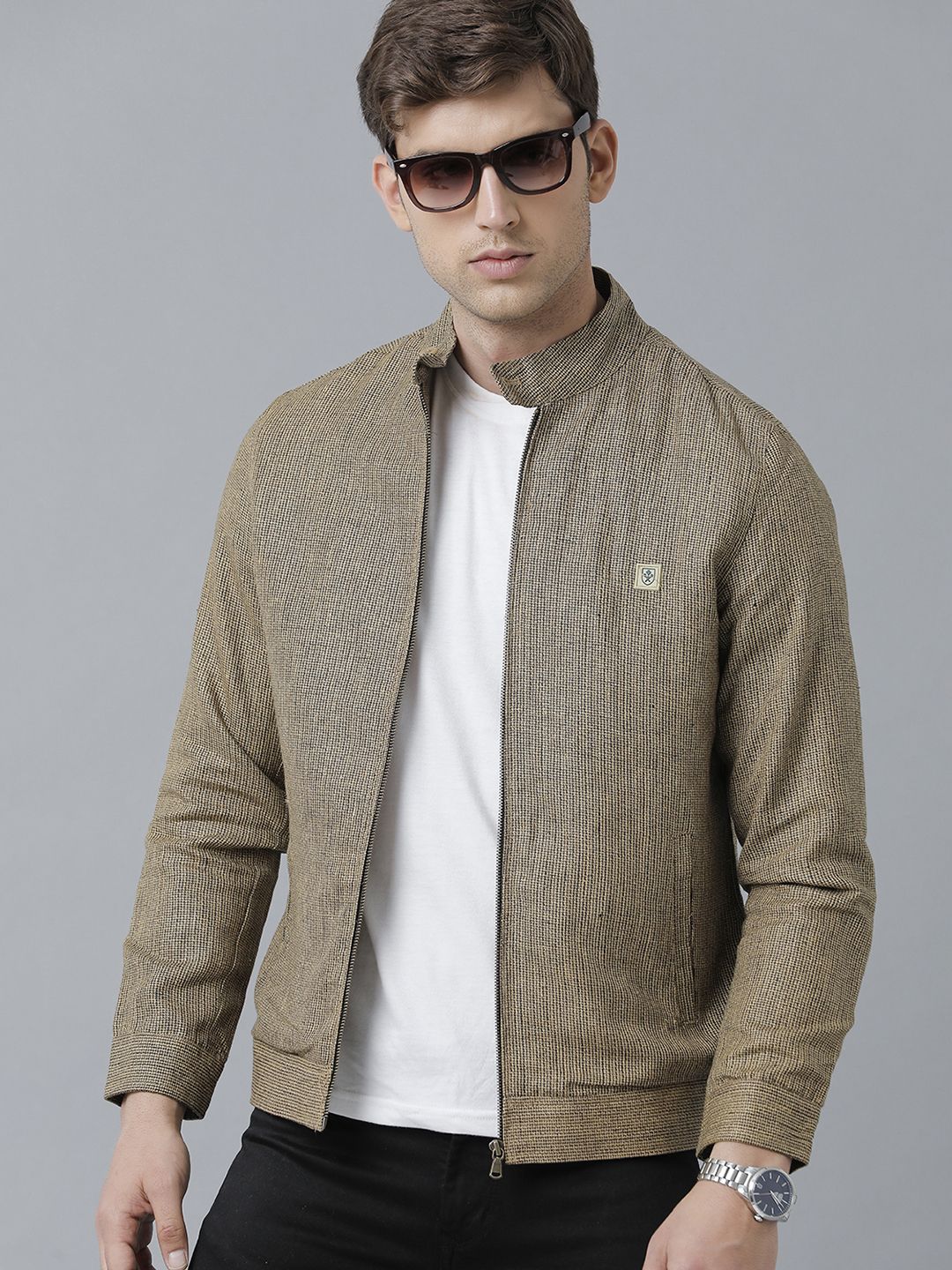 Linen Club Studio Men's Linen Brown Solid Sporty Biker Jacket