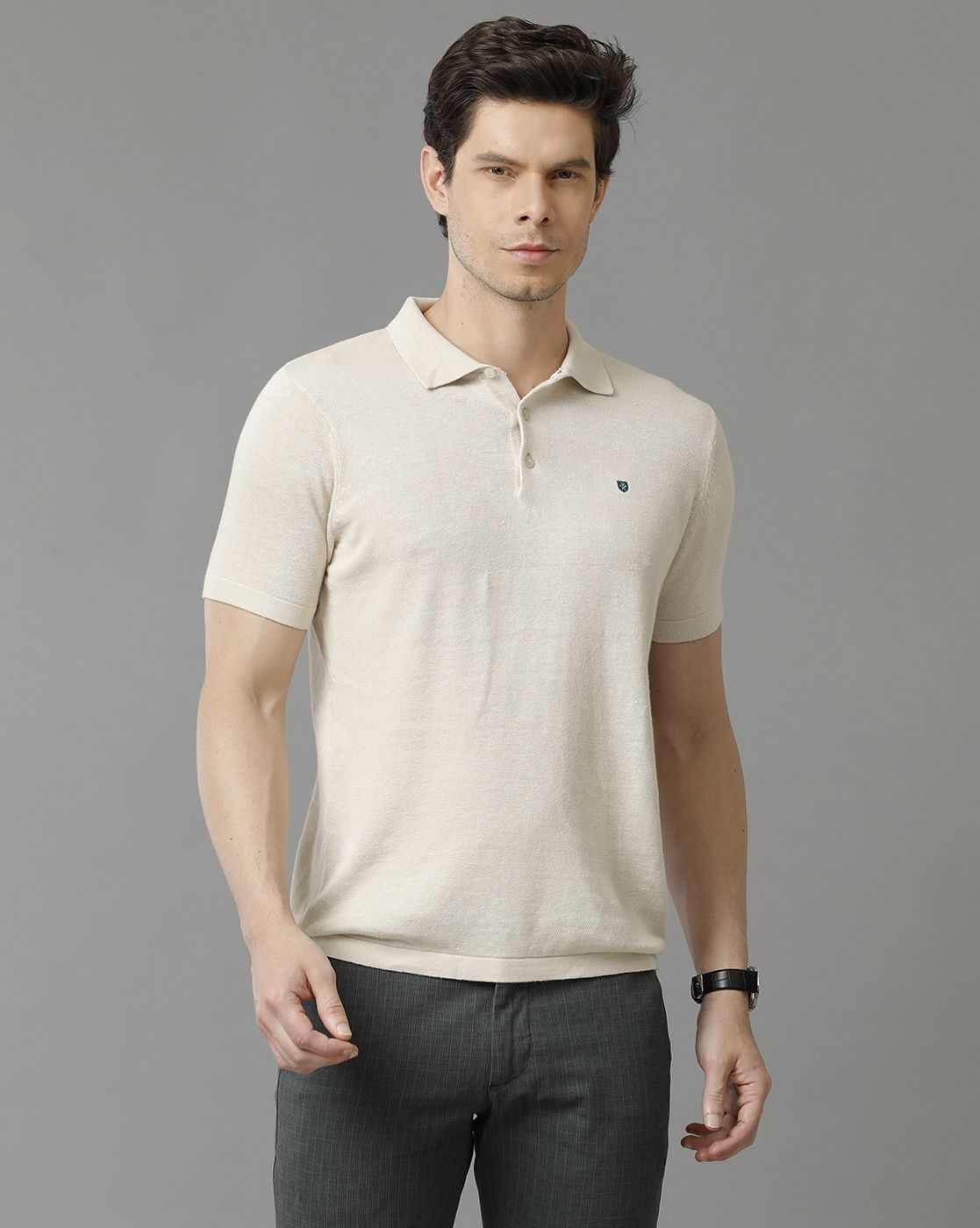 Linen Club Studio Men's Linen Beige Solid Polo Collar T-Shirt