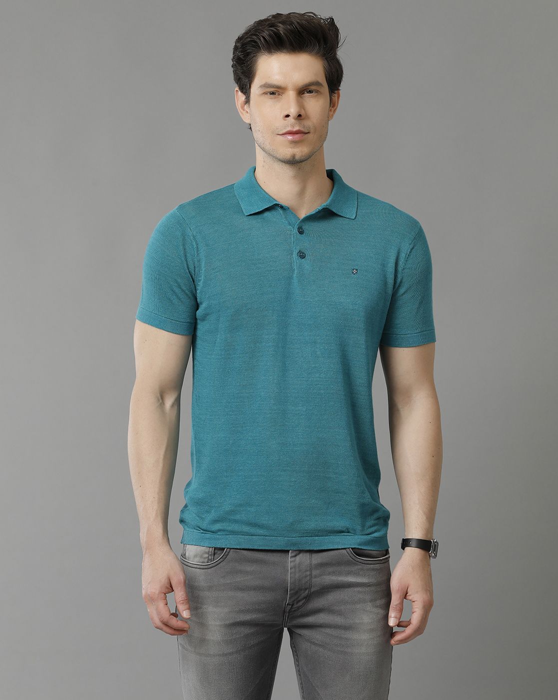 Men's Premium Blended Linen Teal Solid Contemporary Fit Half Sleeve Polo Neck Casual T-Shirt