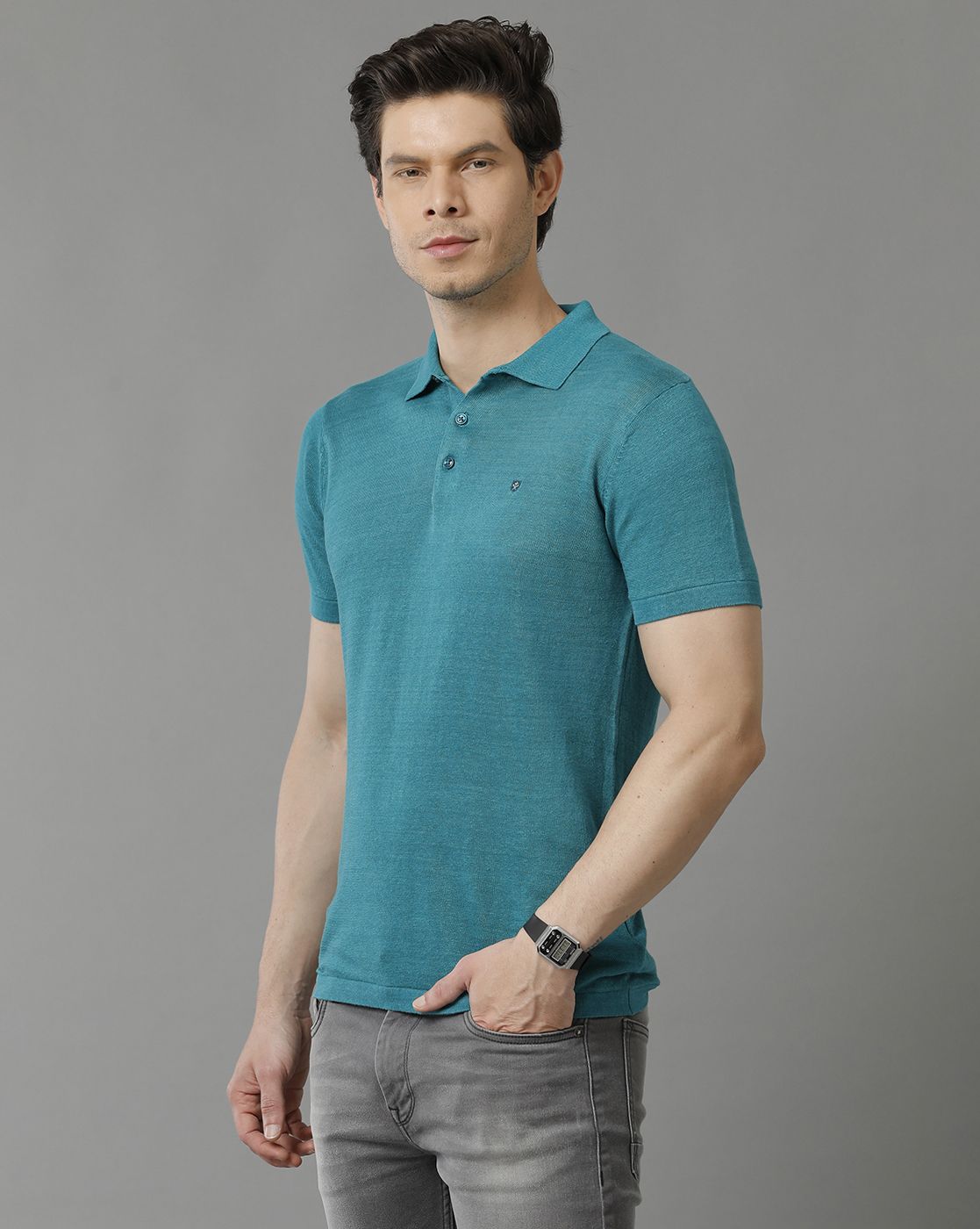 Men's Premium Blended Linen Teal Solid Contemporary Fit Half Sleeve Polo Neck Casual T-Shirt
