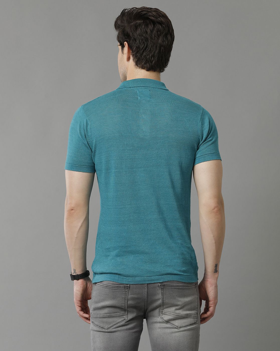 Men's Premium Blended Linen Teal Solid Contemporary Fit Half Sleeve Polo Neck Casual T-Shirt