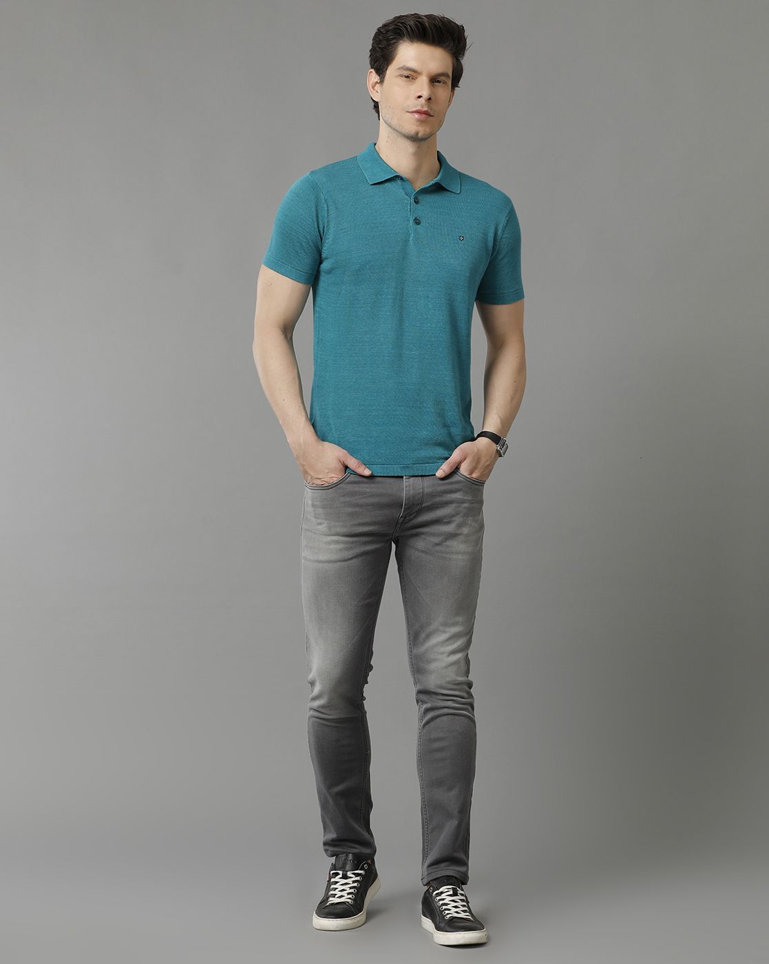 Men's Premium Blended Linen Teal Solid Contemporary Fit Half Sleeve Polo Neck Casual T-Shirt