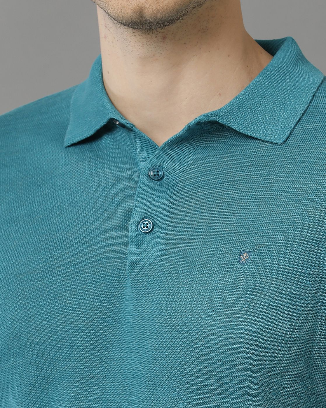 Men's Premium Blended Linen Teal Solid Contemporary Fit Half Sleeve Polo Neck Casual T-Shirt