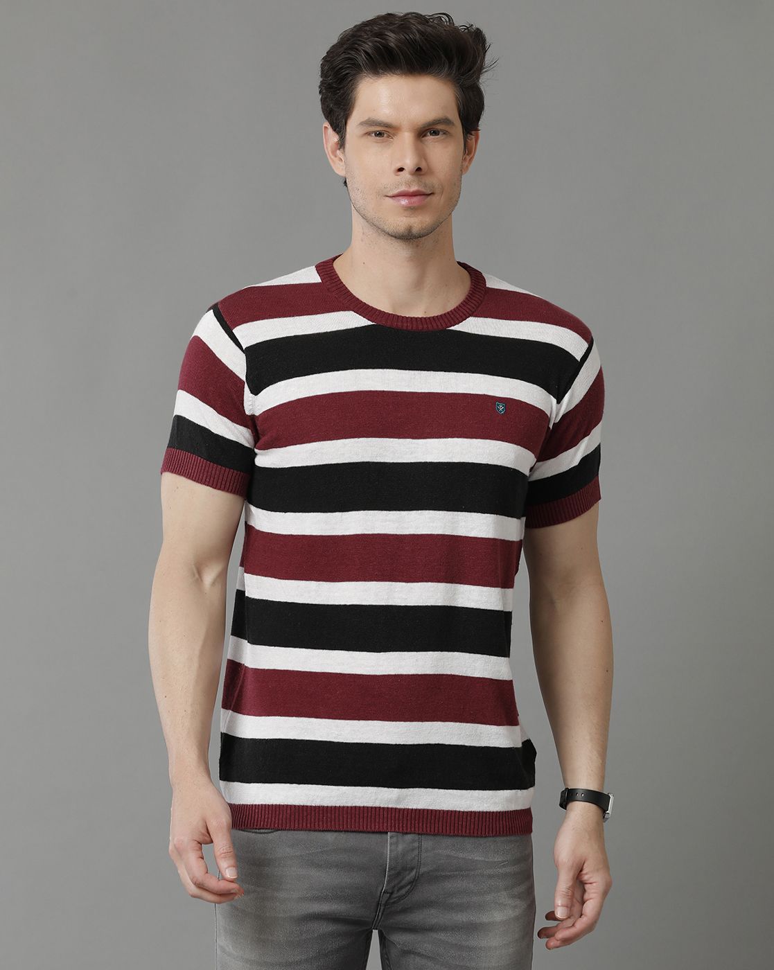 Men's Premium Blended Linen Maroon Striped Contemporary Fit Half Sleeve Round Neck Casual T-Shirt