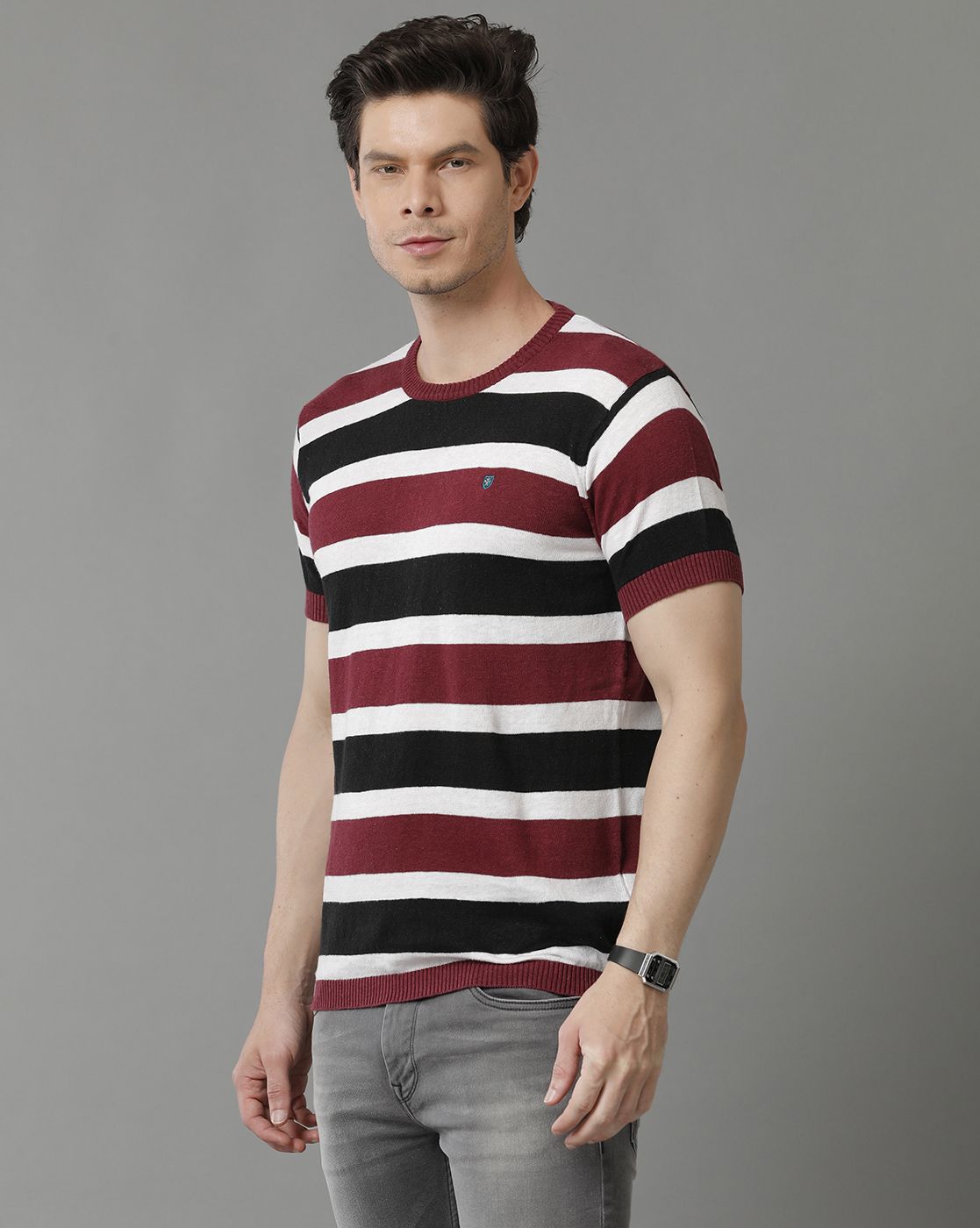 Men's Premium Blended Linen Maroon Striped Contemporary Fit Half Sleeve Round Neck Casual T-Shirt