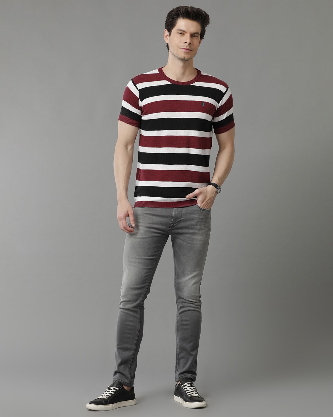 Men's Premium Blended Linen Maroon Striped Contemporary Fit Half Sleeve Round Neck Casual T-Shirt