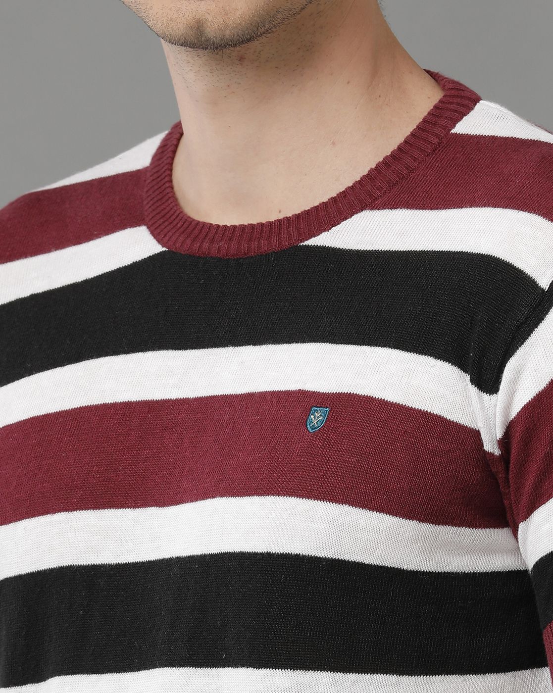 Men's Premium Blended Linen Maroon Striped Contemporary Fit Half Sleeve Round Neck Casual T-Shirt