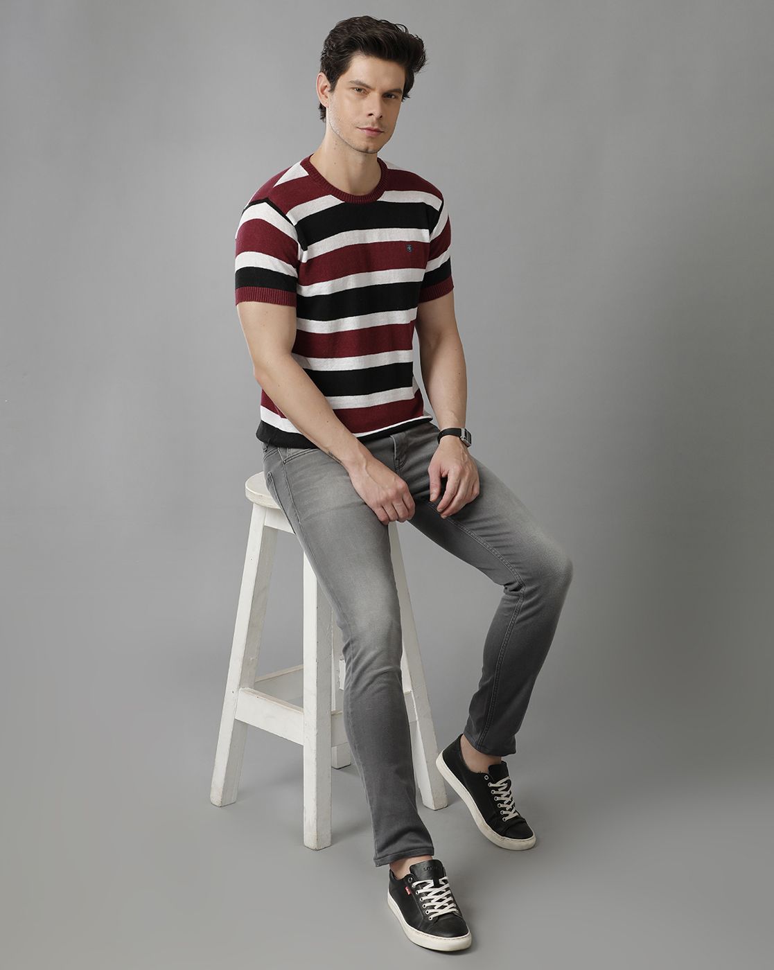 Men's Premium Blended Linen Maroon Striped Contemporary Fit Half Sleeve Round Neck Casual T-Shirt