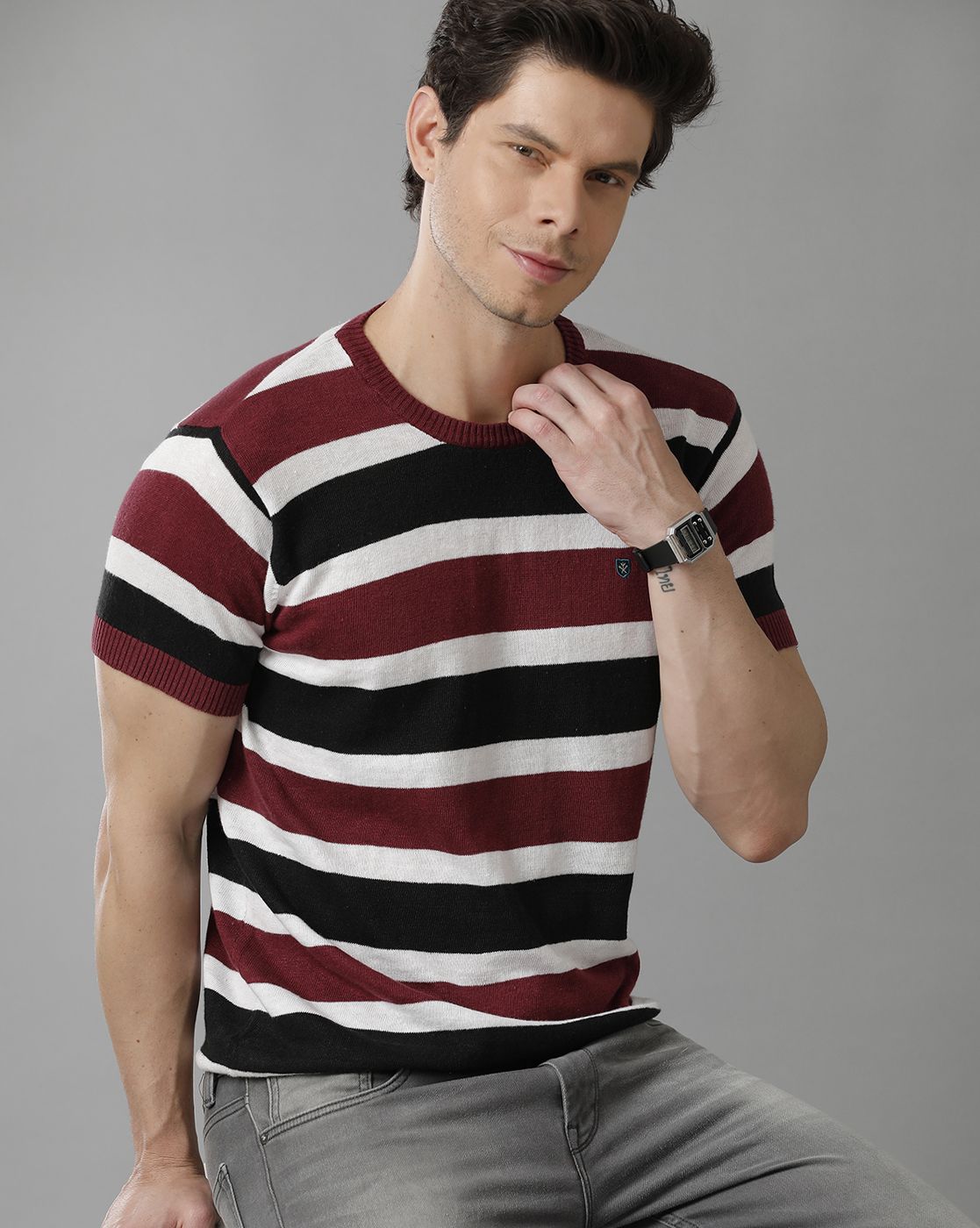 Men's Premium Blended Linen Maroon Striped Contemporary Fit Half Sleeve Round Neck Casual T-Shirt