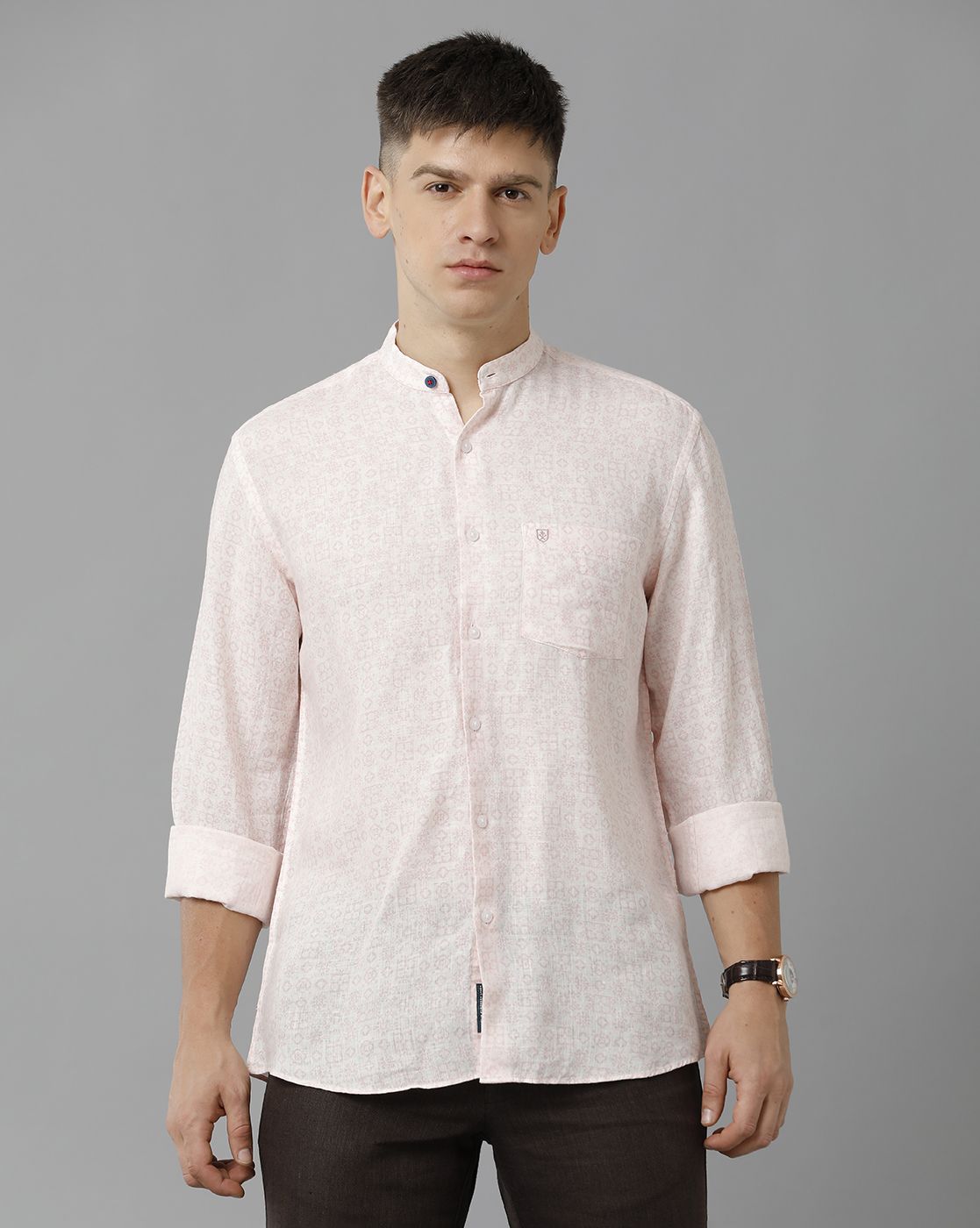 Linen Club Studio Men's Pure Linen Pink Printed Regular Fit Full Sleeve Casual Shirt