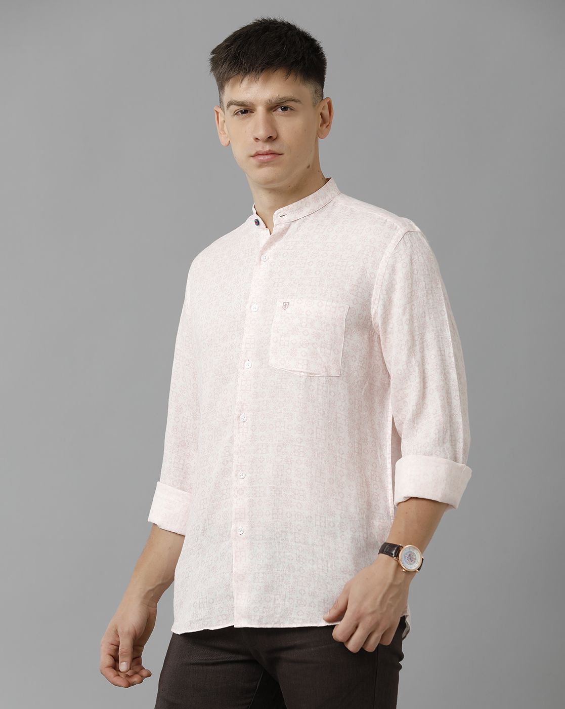 Linen Club Studio Men's Pure Linen Pink Printed Regular Fit Full Sleeve Casual Shirt