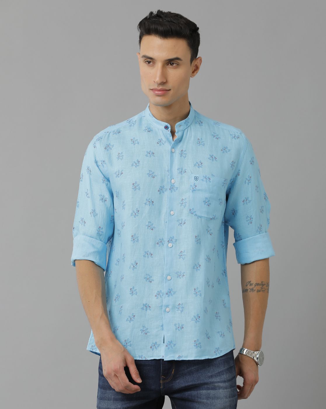 Men's Pure Linen Blue Printed Contemporary Fit Full Sleeve Sleeve Casual Shirt