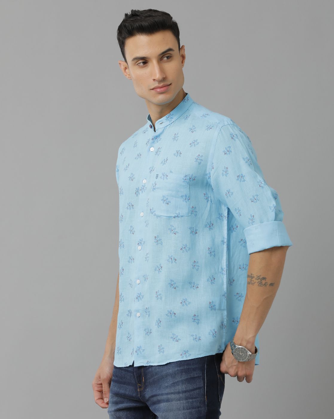 Men's Pure Linen Blue Printed Contemporary Fit Full Sleeve Sleeve Casual Shirt