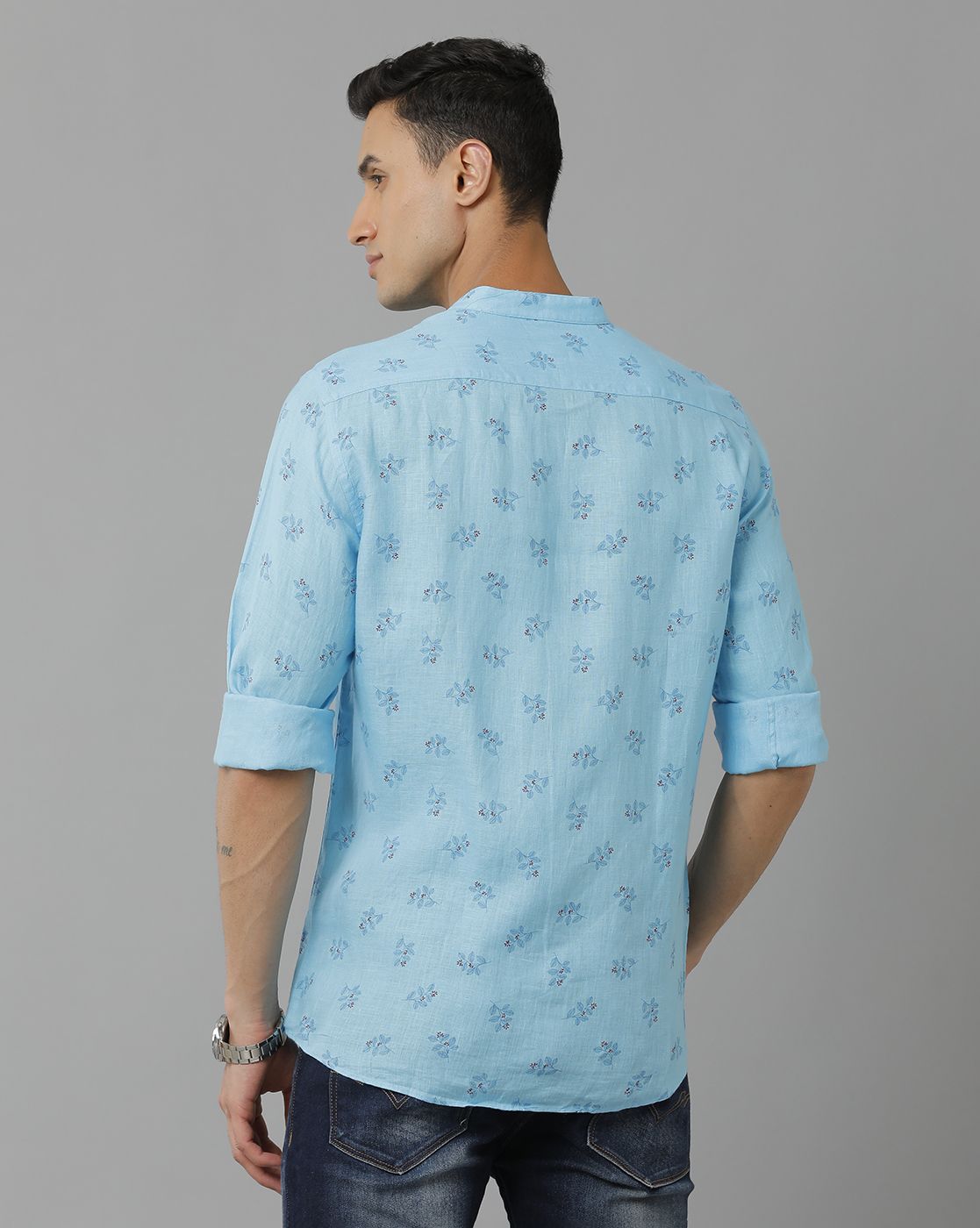 Men's Pure Linen Blue Printed Contemporary Fit Full Sleeve Sleeve Casual Shirt