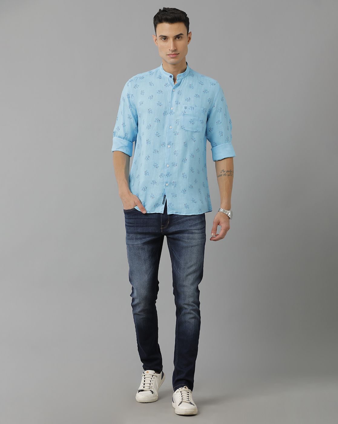 Men's Pure Linen Blue Printed Contemporary Fit Full Sleeve Sleeve Casual Shirt