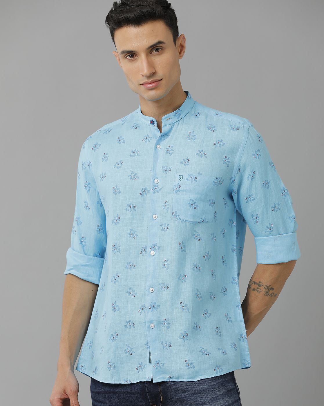 Men's Pure Linen Blue Printed Contemporary Fit Full Sleeve Sleeve Casual Shirt