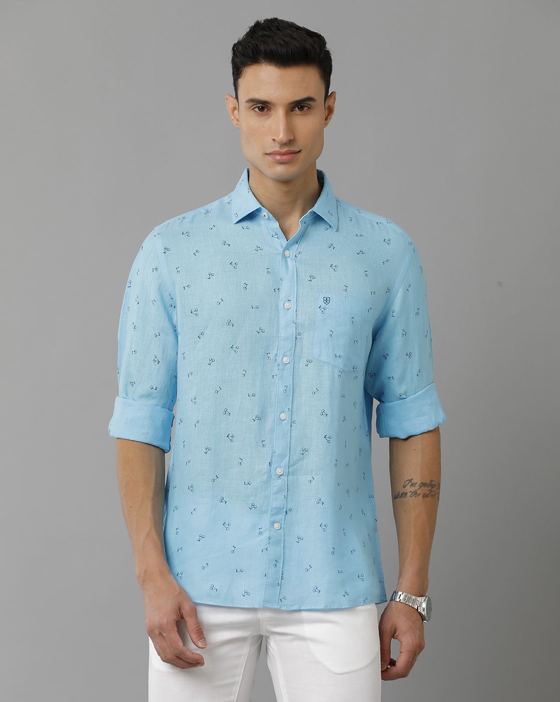 Men's Pure Linen Blue Printed Contemporary Fit Full Sleeve Sleeve Casual Shirt