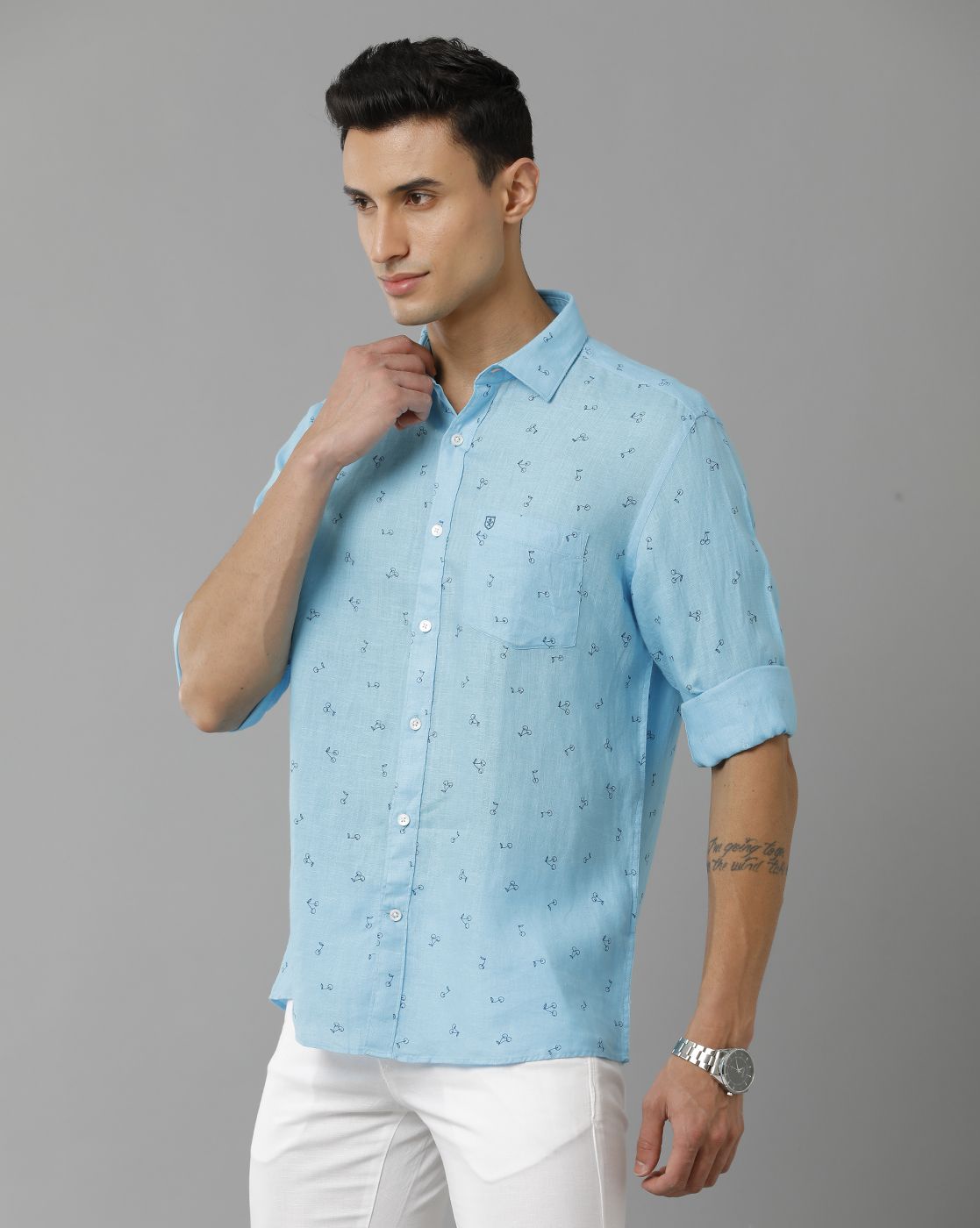 Men's Pure Linen Blue Printed Contemporary Fit Full Sleeve Sleeve Casual Shirt