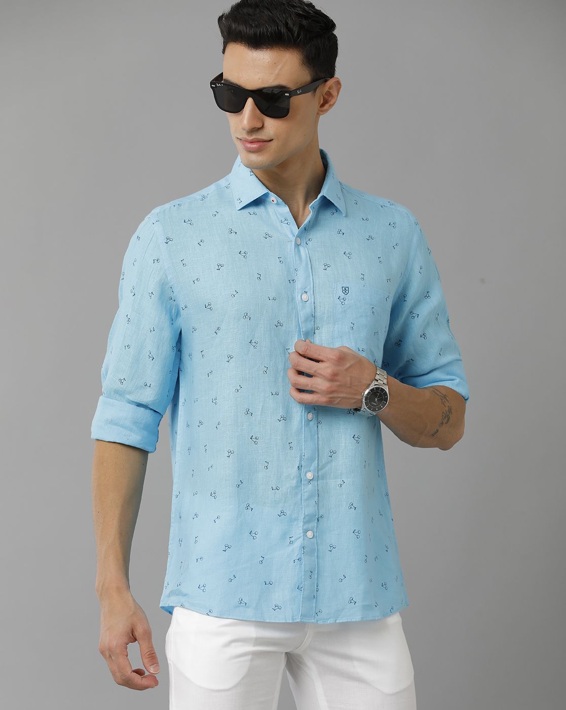 Men's Pure Linen Blue Printed Contemporary Fit Full Sleeve Sleeve Casual Shirt