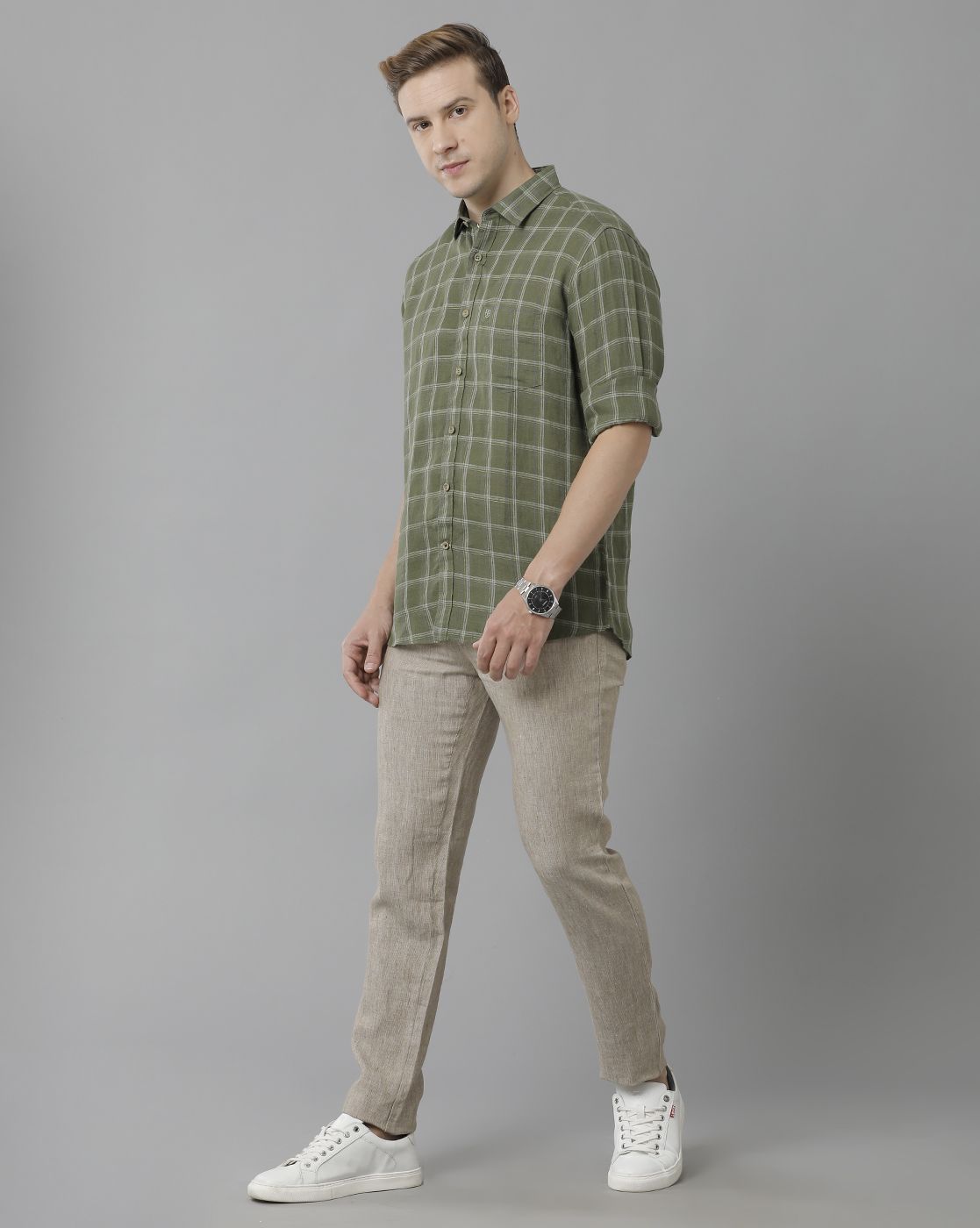 Men's Pure Linen Green Checked Contemporary Fit Full Sleeve