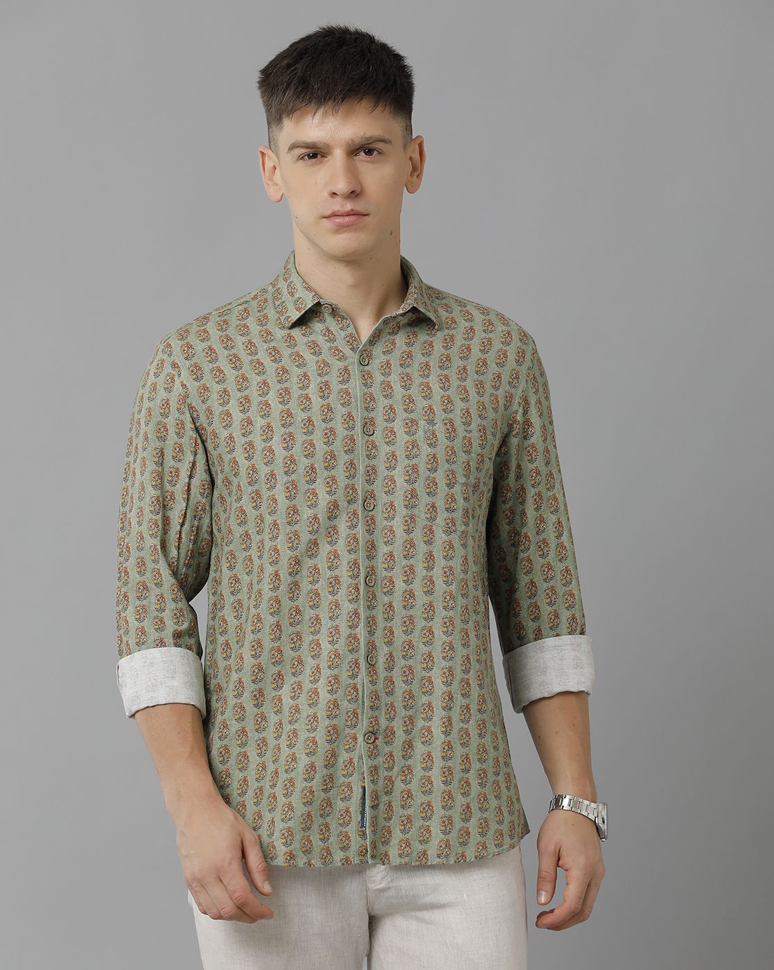 Linen Club Studio Men's Pure Linen Green Printed Regular Fit Full Sleeve Casual Shirt