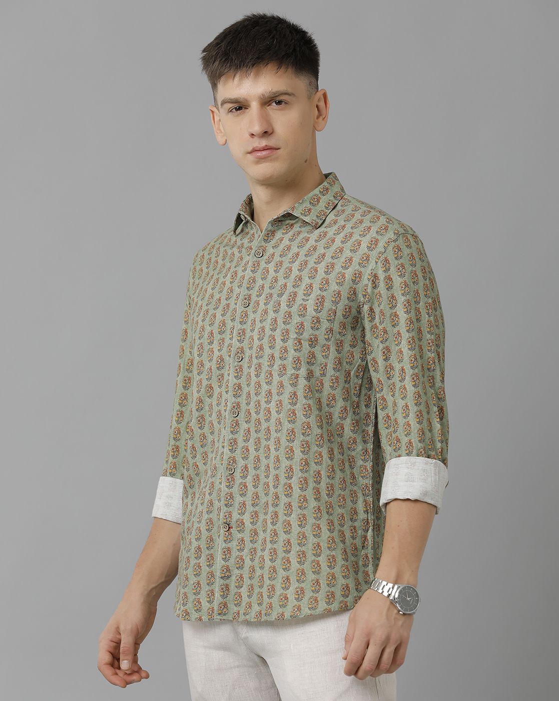 Linen Club Studio Men's Pure Linen Green Printed Regular Fit Full Sleeve Casual Shirt