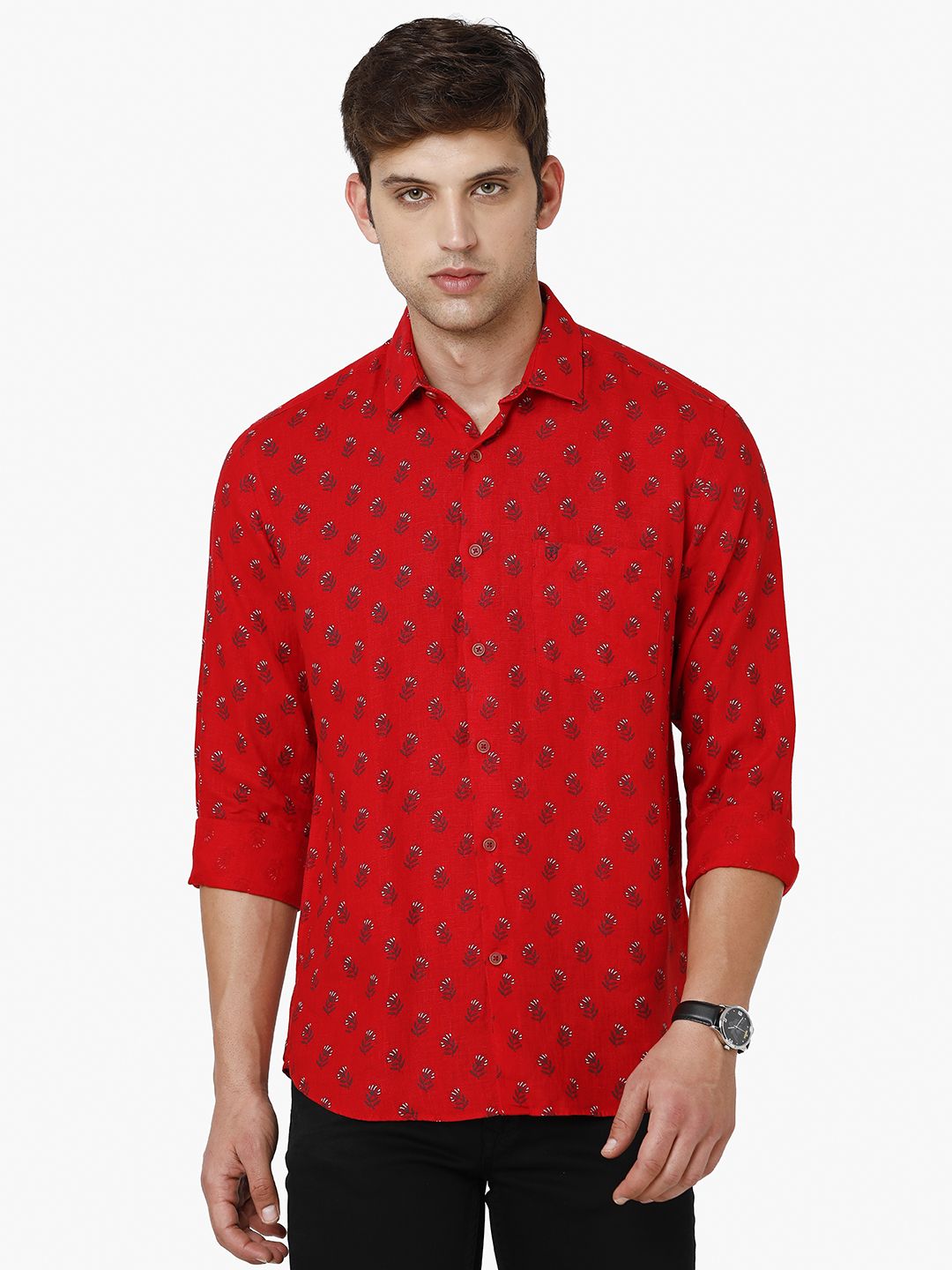 Linen Club Studio Men's Pure Linen Red Printed Regular Fit Full Sleeve Casual Shirt