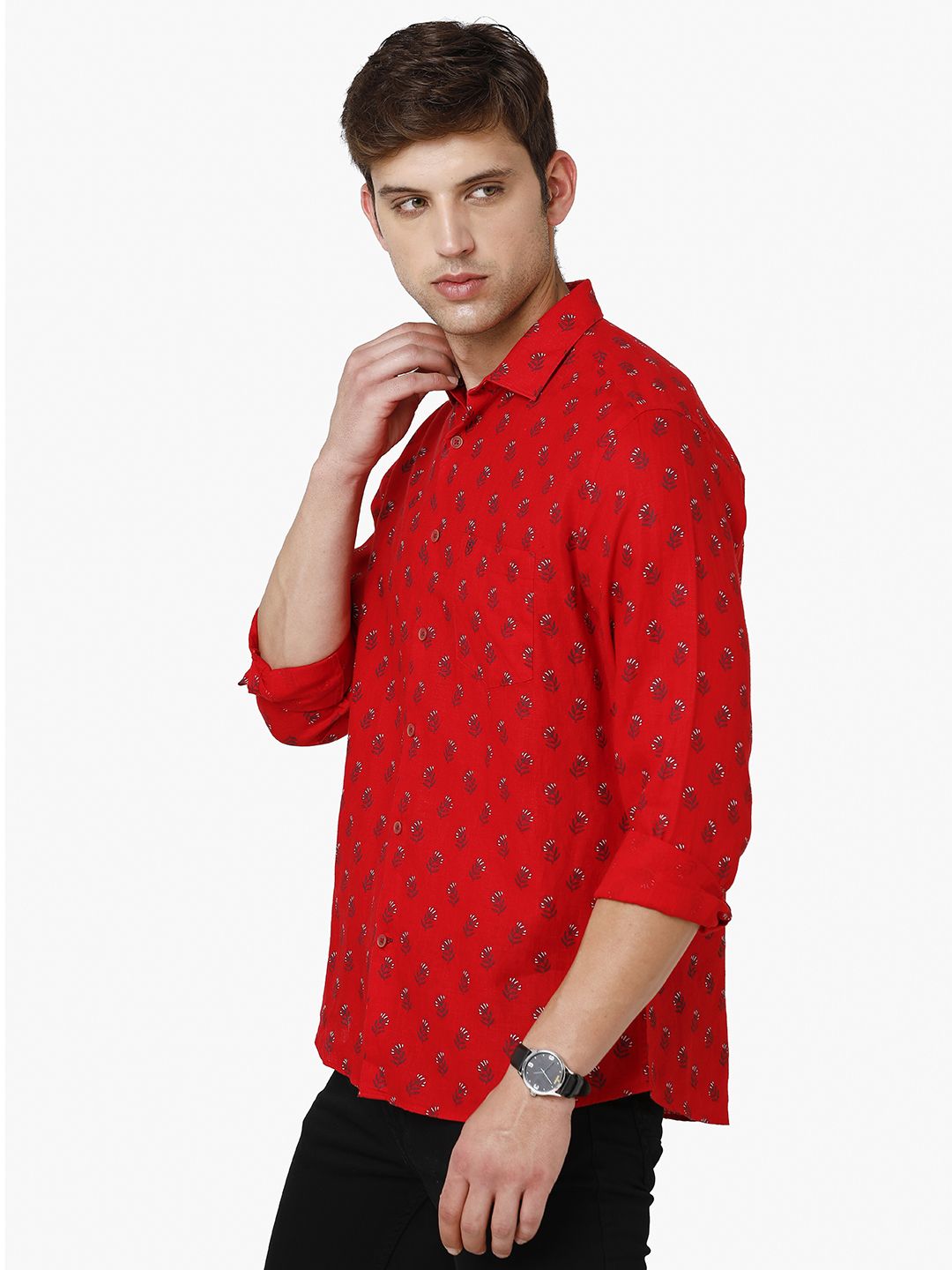 Linen Club Studio Men's Pure Linen Red Printed Regular Fit Full Sleeve Casual Shirt