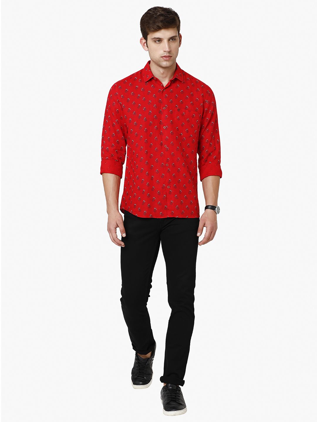 Linen Club Studio Men's Pure Linen Red Printed Regular Fit Full Sleeve Casual Shirt